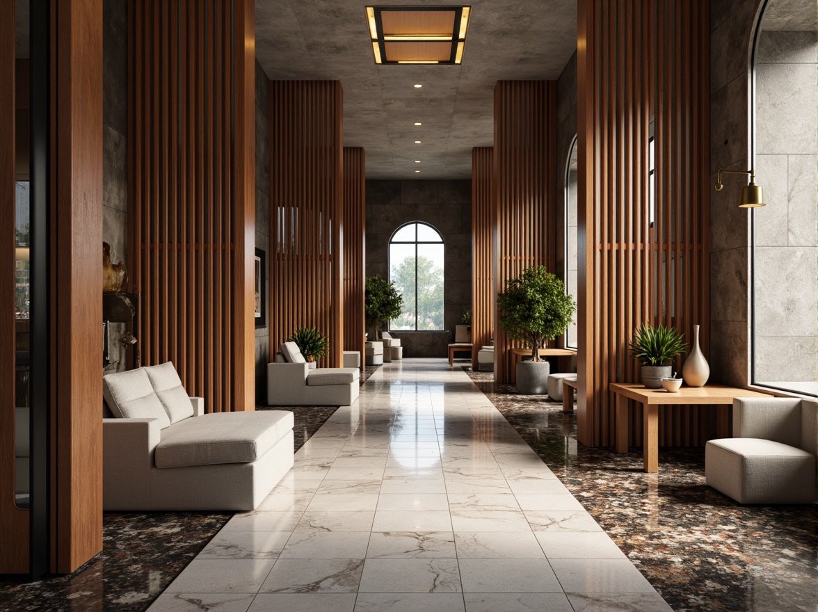 Prompt: Luxurious marble floors, rich wooden accents, metallic sheen, glassy reflections, rough concrete walls, smooth stone surfaces, velvety upholstery, intricate mosaic patterns, natural fabric textures, ambient lighting effects, dramatic shadows, 1/2 composition, realistic renderings, detailed normal maps, subtle specular highlights.