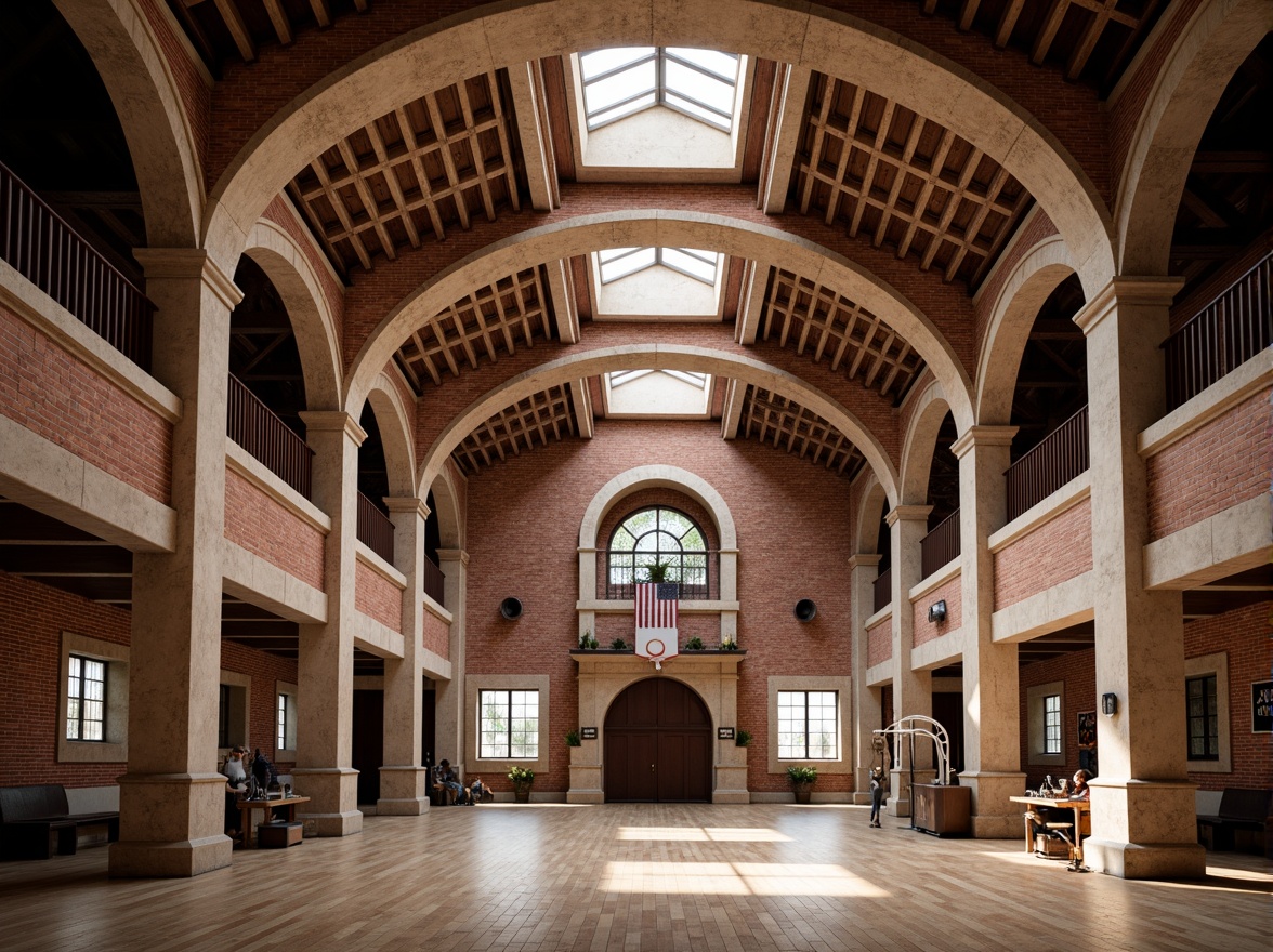 Prompt: Renaissance-style gymnasium, grand arches, ornate stonework, classical columns, symmetrical fa\u00e7ade, rusticated quoins, terracotta roofing, red brick exterior, vaulted ceilings, clerestory windows, natural light pouring in, athletic equipment, wooden flooring, vintage-inspired signage, muted earthy tones, soft warm lighting, shallow depth of field, 1/1 composition, realistic textures, ambient occlusion.