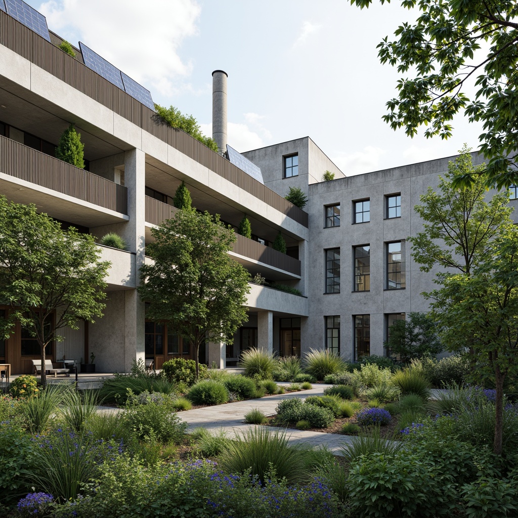 Prompt: Industrial factory building, green roof, lush vegetation, solar panels, wind turbines, eco-friendly materials, natural stone walls, metal cladding, large windows, clerestory lighting, interior courtyard, living walls, vertical garden, urban agriculture, modern minimalist design, angular lines, clean edges, neutral color palette, soft diffused lighting, shallow depth of field, 1/2 composition, realistic textures, ambient occlusion.Let me know if this meets your requirements!