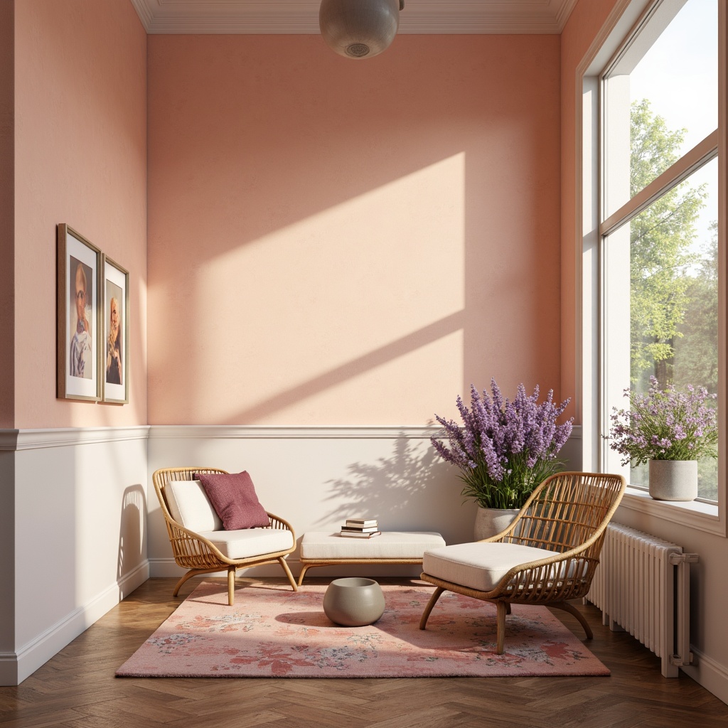 Prompt: Soft peach walls, creamy white accents, rich walnut wood tones, calming lavender hues, warm golden lighting, subtle texture contrasts, delicate florals, gentle ombre effects, serene natural scenery, peaceful atmosphere, 1/2 composition, soft focus, atmospheric perspective, vibrant yet muted colors, elegant typography.