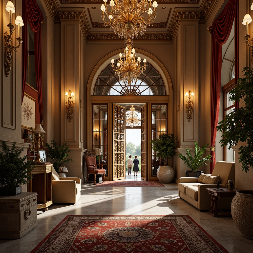 Prompt: Luxurious mansion, grand entrance, ornate gates, intricately carved doors, lavish furnishings, patterned rugs, opulent chandeliers, gilded accents, velvet drapes, marble floors, stately columns, symmetrical facades, elegant archways, refined moldings, sophisticated color palette, warm golden lighting, subtle shading, 1/2 composition, ornate details, realistic textures, ambient occlusion.