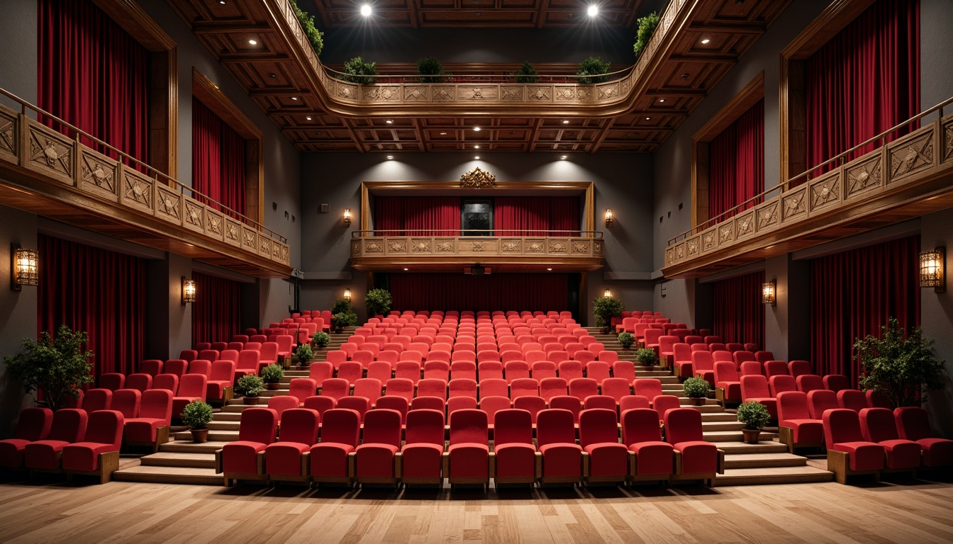 Prompt: Elegant auditorium interior, rich wood accents, plush red velvet seats, golden lighting fixtures, ornate architectural details, sophisticated dark grey walls, luxurious burgundy carpets, majestic high ceilings, dramatic spotlights, vibrant crimson curtains, refined copper railings, warm beige flooring, inviting atmosphere, soft box seating, 3/4 composition, shallow depth of field, realistic textures.