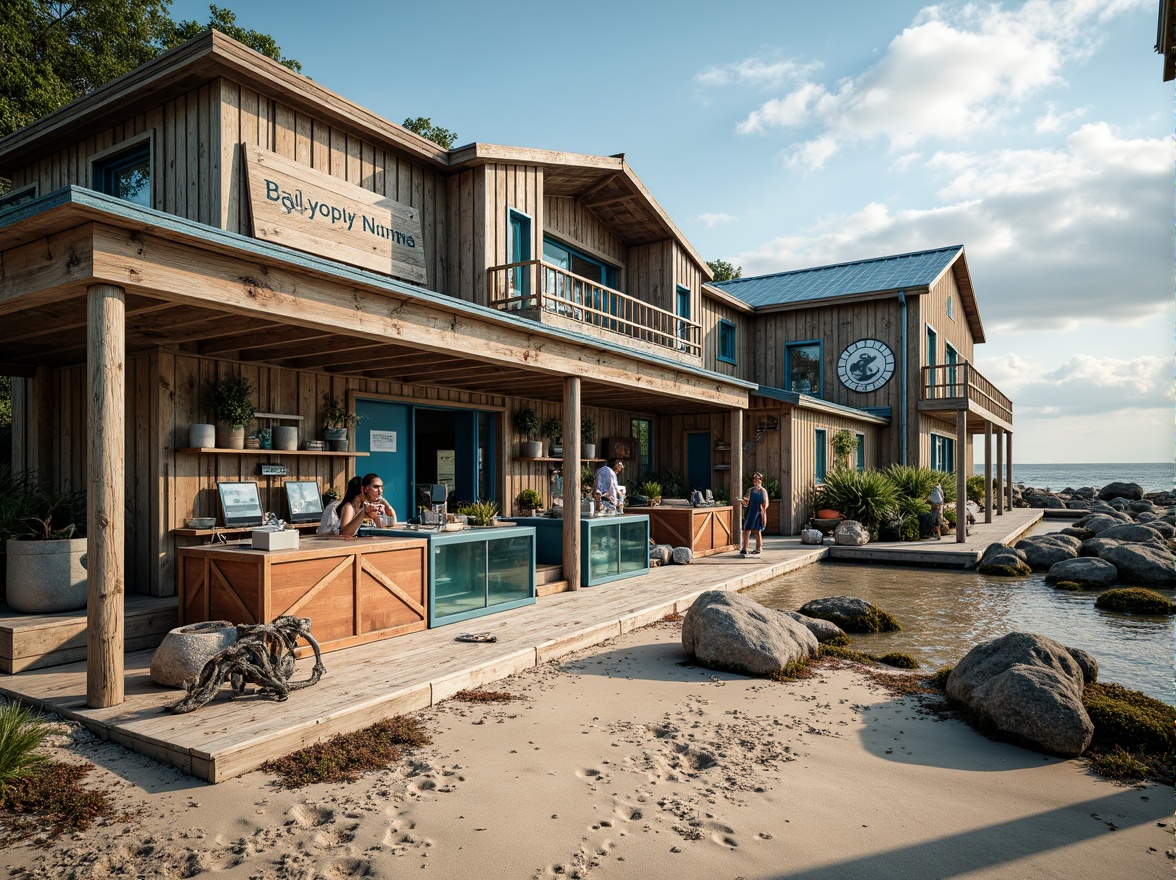 Prompt: Rustic coastal research center, weathered wooden docks, worn ropes, ocean-inspired color palette, driftwood accents, saltwater-resistant materials, corrugated metal roofs, nautical-themed signage, porthole windows, marine life displays, aquarium tanks, laboratory equipment, oceanographic instruments, sandy beach terrain, rocky shoreline, seaweed-covered rocks, crashing waves, sunny day, soft warm lighting, shallow depth of field, 3/4 composition, realistic textures, ambient occlusion.