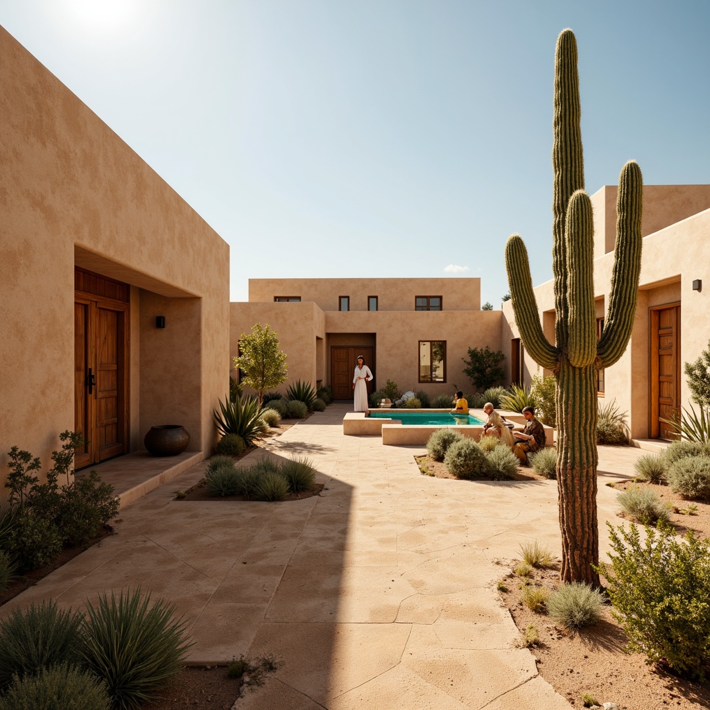 Prompt: Earthy desert landscape, warm sandy dunes, majestic cacti, vibrant turquoise accents, soothing beige stucco buildings, curved organic lines, natural adobe textures, rustic wooden doors, intricate Moorish patterns, warm golden lighting, shallow depth of field, 1/2 composition, serene panoramic view, realistic ambient occlusion, harmonious color palette, analogous earthy tones.