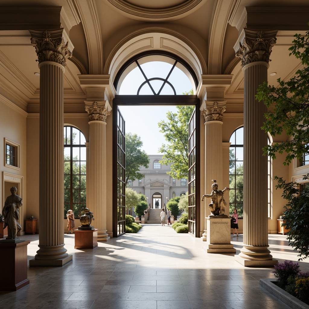 Prompt: Grand museum entrance, Corinthian columns, ornate capitals, polished marble floors, neoclassical arches, intricate moldings, high ceilings, large windows, natural light, soft warm lighting, shallow depth of field, 3/4 composition, panoramic view, realistic textures, ambient occlusion, elegant fountains, ornamental sculptures, lush greenery, vibrant flowers, tranquil atmosphere, cultural artifacts displays, exhibition halls, grand staircases, luxurious fabrics, subtle color palette.