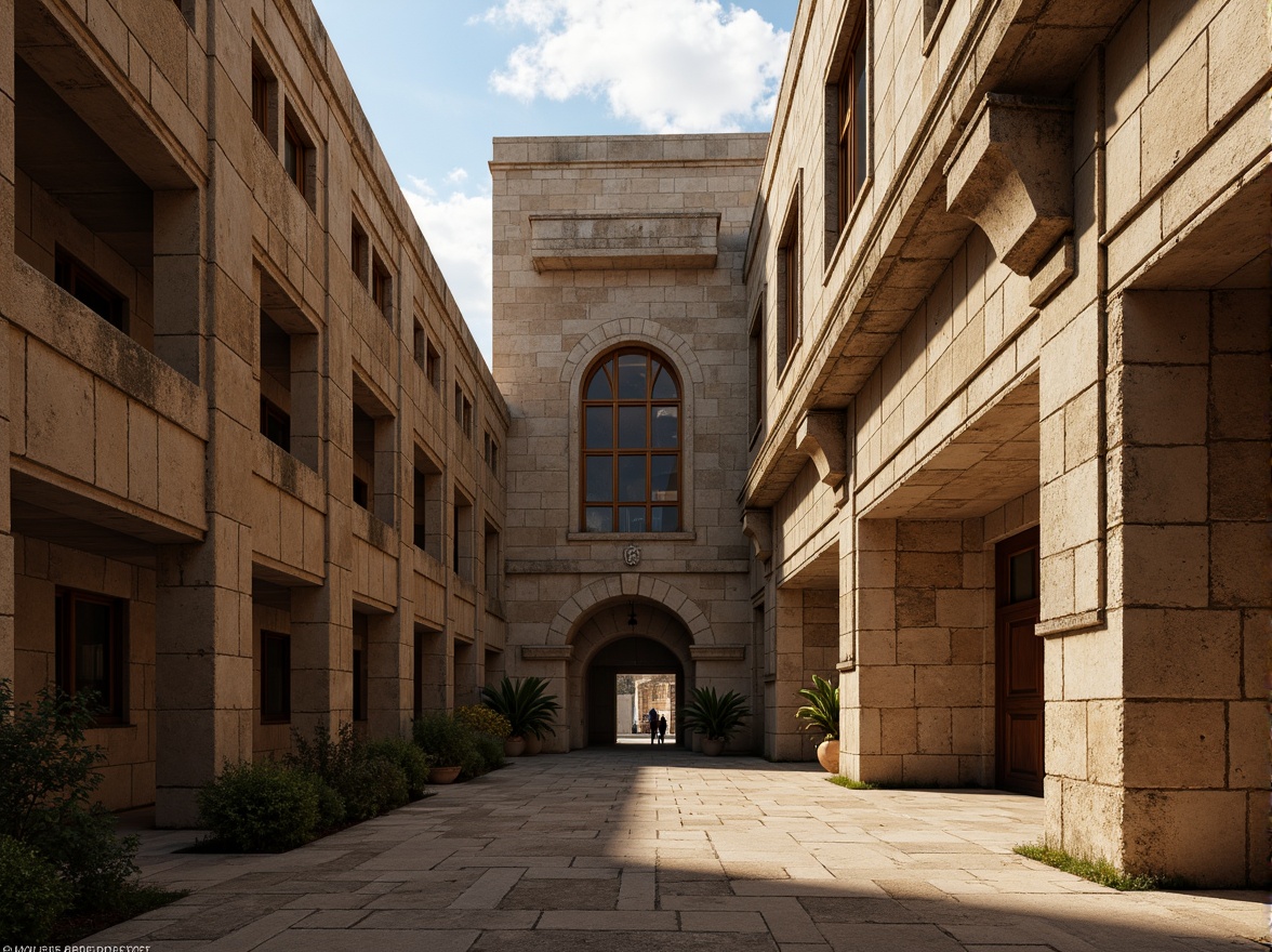 Prompt: Ancient stone structures, robust buttresses, rustic masonry, weathered walls, fortified architecture, medieval-inspired design, grandiose entranceways, ornate carvings, imposing verticality, dramatic shadows, warm golden lighting, high contrast ratio, 1/1 composition, symmetrical framing, detailed textures, realistic wear and tear.