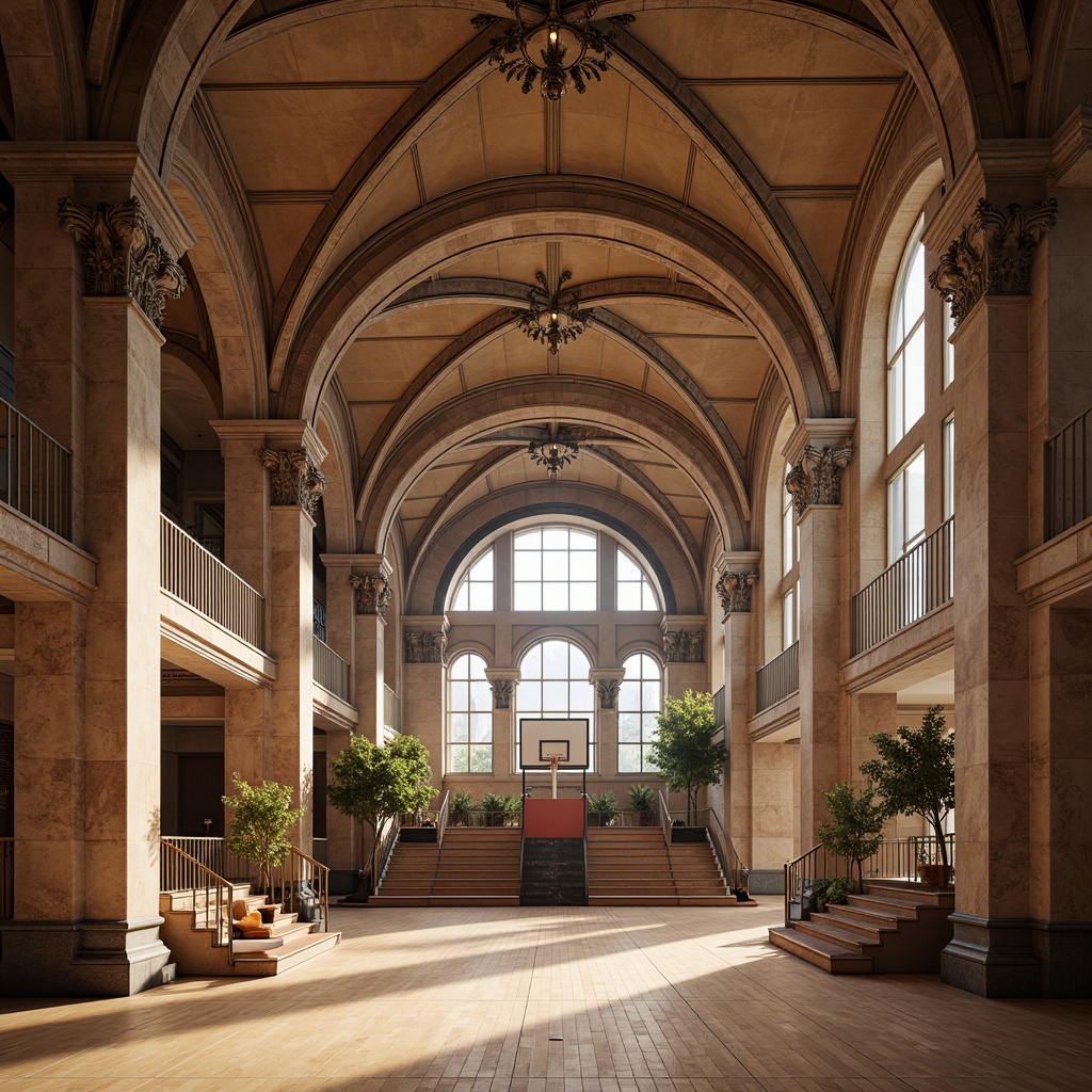 Prompt: Renaissance-style gymnasium, ornate arches, grand entranceways, marble columns, intricate stone carvings, vaulted ceilings, sweeping staircases, wooden sports floors, athletic equipment, basketball hoops, scoreboard displays, natural light pouring in, soft warm lighting, shallow depth of field, 3/4 composition, symmetrical architecture, historic building facade, rusticated quoins, ornate cornices, classical pediments, grandeur atmosphere, vibrant color accents.