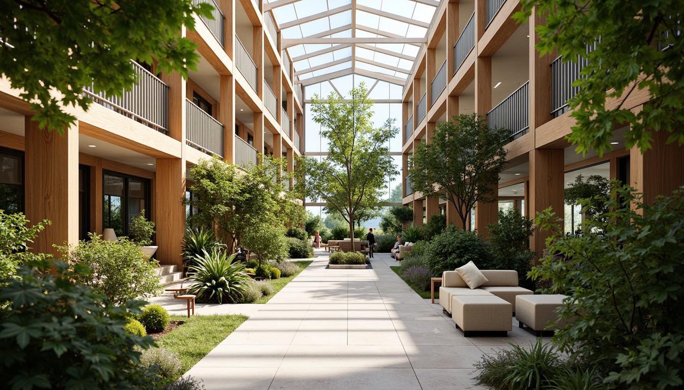 Prompt: Vibrant atrium, abundant greenery, floor-to-ceiling windows, natural stone flooring, wooden accents, minimalist decor, bright sunny day, soft warm lighting, shallow depth of field, 3/4 composition, panoramic view, realistic textures, ambient occlusion, clerestory windows, skylights, solar tubes, passive solar design, thermal mass walls, low-carbon footprint, eco-friendly materials, sustainable building practices.