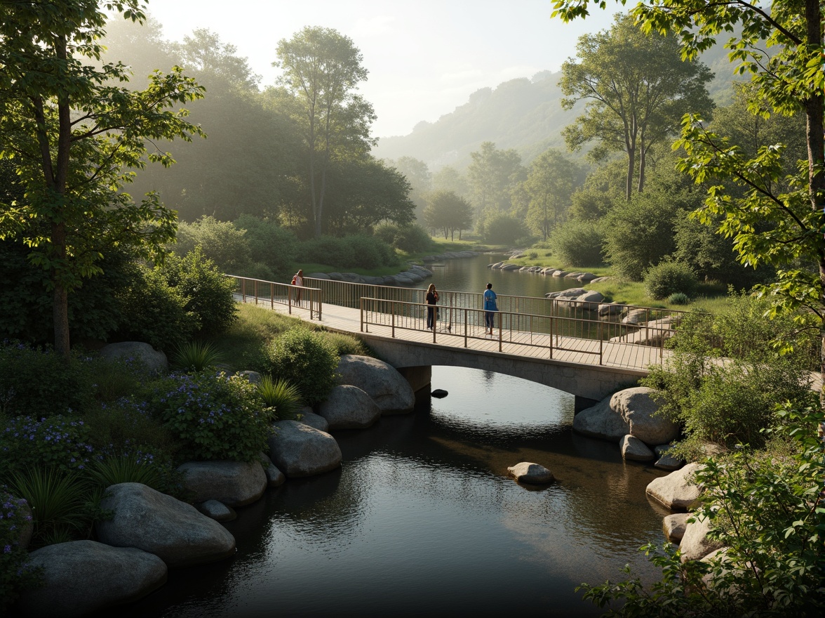 Prompt: Eco-friendly bridge structure, lush greenery surroundings, gentle water flow, natural stone abutments, wooden decking, curved lines, minimal environmental impact, sustainable materials, energy-harvesting technology, bird's-eye view, soft misty atmosphere, warm afternoon lighting, shallow depth of field, 1/2 composition, realistic textures, ambient occlusion.