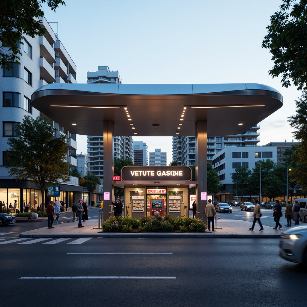 Prompt: Streamlined modern gas station, minimalist signage, sleek typography, metallic finishes, LED lighting, curved lines, futuristic aesthetic, industrial materials, reflective surfaces, neon accents, urban landscape, busy streets, morning sunlight, shallow depth of field, 1/1 composition, symmetrical framing, high-contrast colors, bold font styles, geometric patterns, dynamic shapes.