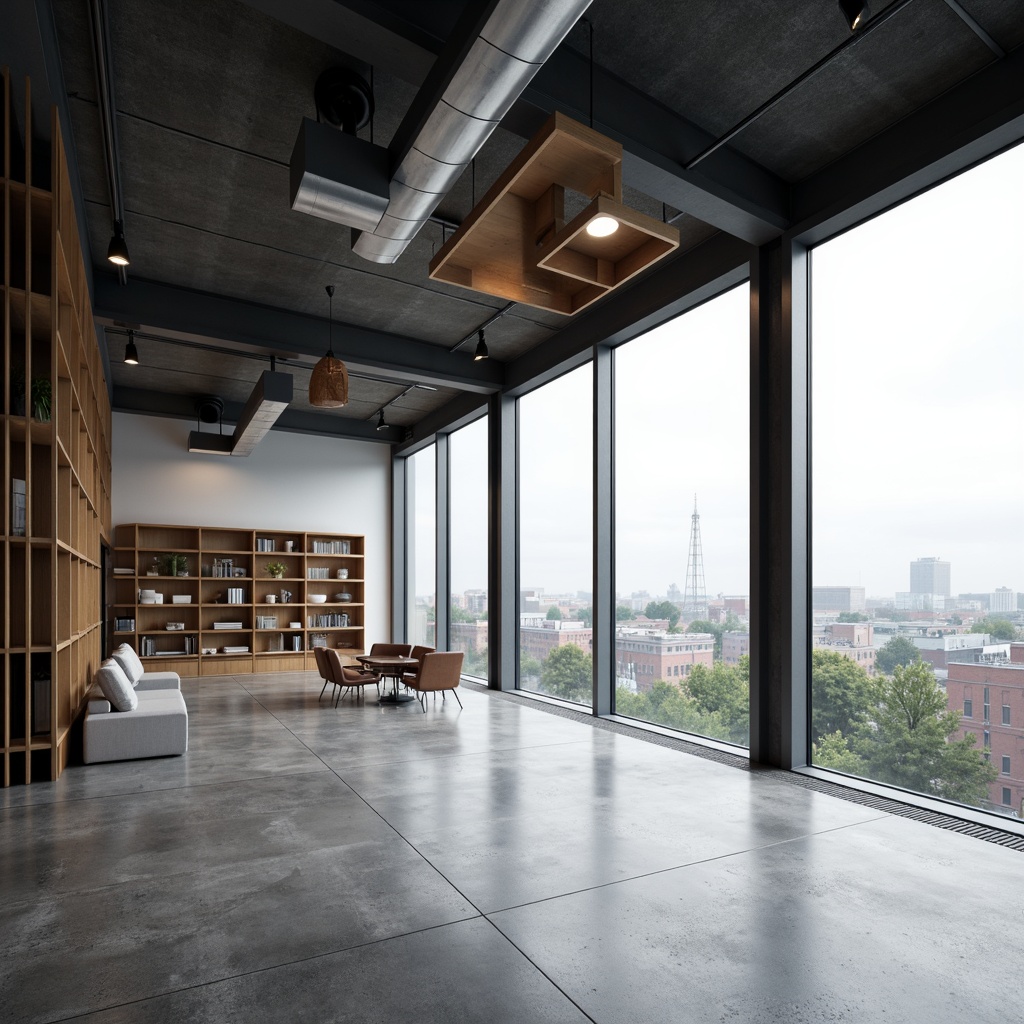 Prompt: Minimalist interior space, clean lines, monochromatic color scheme, polished concrete floors, industrial steel beams, exposed ductwork, sleek wooden accents, geometric shelving units, suspended pendant lights, floor-to-ceiling windows, urban cityscape views, cloudy overcast day, soft diffused lighting, shallow depth of field, 1/2 composition, cinematic framing, realistic textures, ambient occlusion.