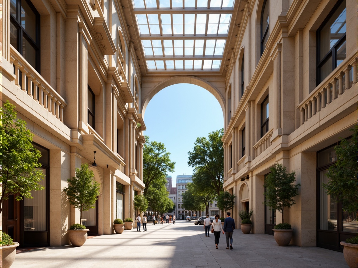 Prompt: Grand neoclassical facade, ornate columns, symmetrical architecture, high ceilings, large windows, French doors, clerestory windows, skylights, bright interior spaces, natural stone floors, marble countertops, luxurious chandeliers, soft warm lighting, shallow depth of field, 3/4 composition, panoramic view, realistic textures, ambient occlusion, urban cityscape, tree-lined streets, historic district, sunny day, cloudless blue sky.