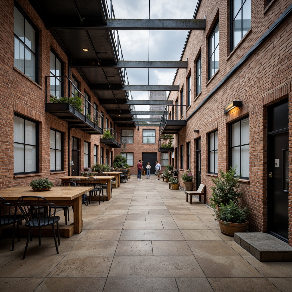 Prompt: Industrial-era factory building, exposed brick walls, steel beams, wooden floors, minimalist decor, functional aesthetics, geometric shapes, primary color palette, bold typography, avant-garde spirit, revolutionary ideology, rationalist approach, emphasis on functionality, simplicity and clarity, use of Lavacrete for its durability and sustainability, brutalist architecture influences, urban landscape, cloudy sky, soft natural light, shallow depth of field, 1/1 composition, realistic textures, ambient occlusion.