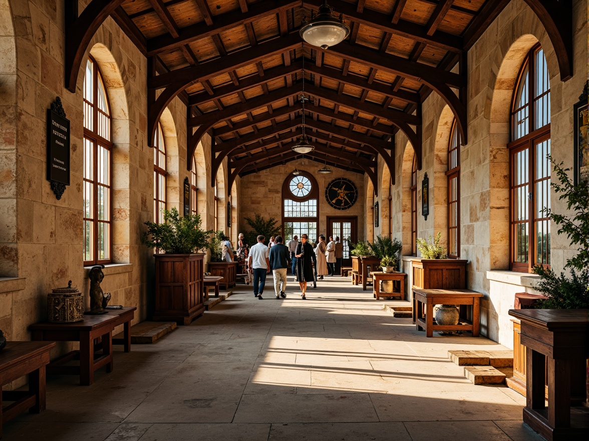 Prompt: \Rustic train station, Romanesque style, earthy tones, warm beige stones, rich brown wood accents, ornate metalwork, vintage lanterns, distressed brick walls, grand archways, high ceilings, intricate tile patterns, stained glass windows, soft warm lighting, shallow depth of field, 1/2 composition, realistic textures, ambient occlusion.\