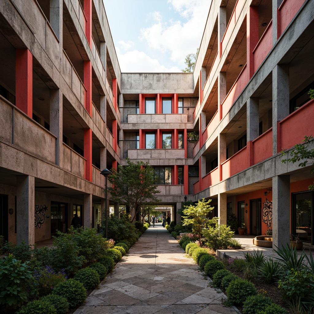 Prompt: Rugged university campus, brutalist architecture, coral-hued concrete walls, bold geometric shapes, industrial-style windows, exposed ductwork, raw steel beams, weathered stone accents, vibrant coral-colored accents, urban jungle surroundings, lush greenery, abstract graffiti, warm golden lighting, high-contrast shadows, 1/1 composition, dramatic perspective, moody atmosphere, realistic textures.