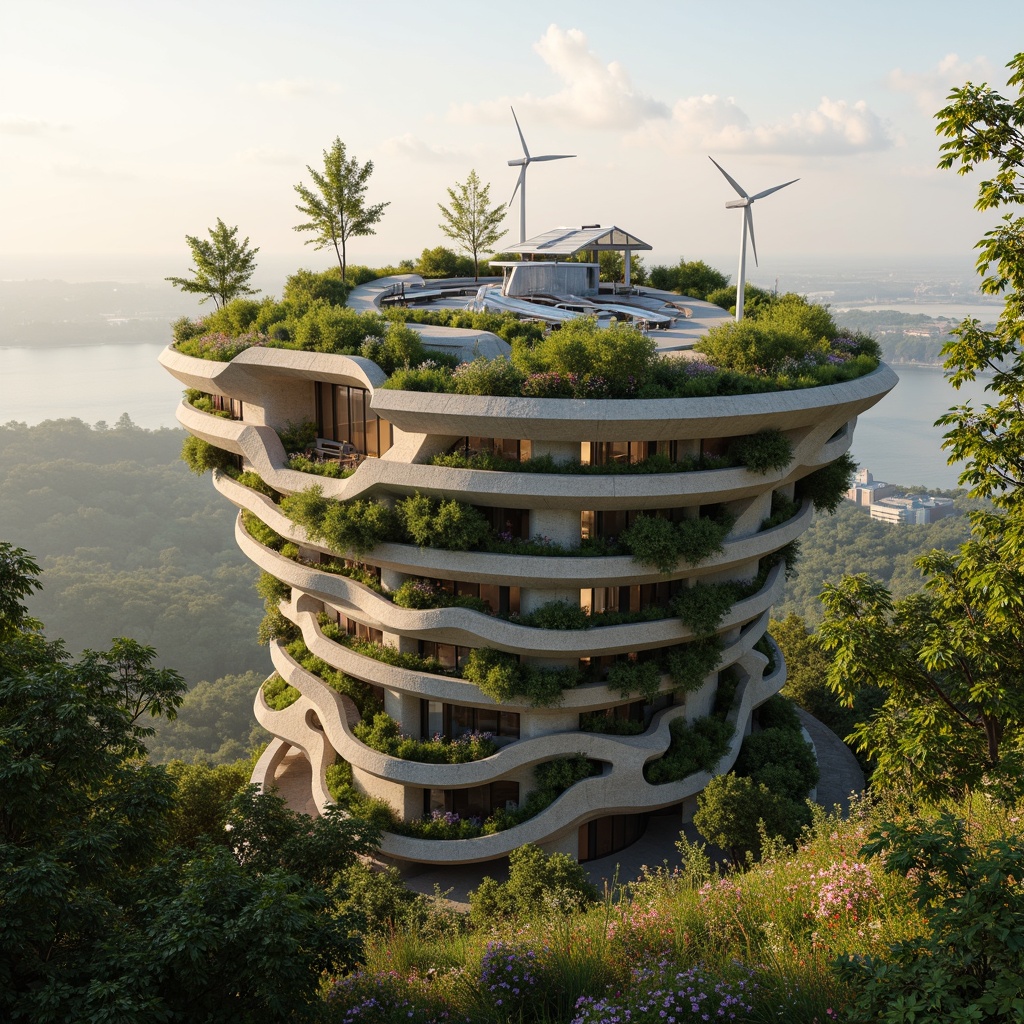 Prompt: Eco-friendly Watchtower, organic curves, recycled materials, green roofs, solar panels, wind turbines, rainwater harvesting systems, natural stone foundations, minimalist design, angular lines, modern architecture, panoramic views, bird's eye perspective, soft warm lighting, shallow depth of field, 3/4 composition, realistic textures, ambient occlusion, lush vegetation, wildflowers, gentle breeze, serene atmosphere.Please let me know if this meets your requirements!