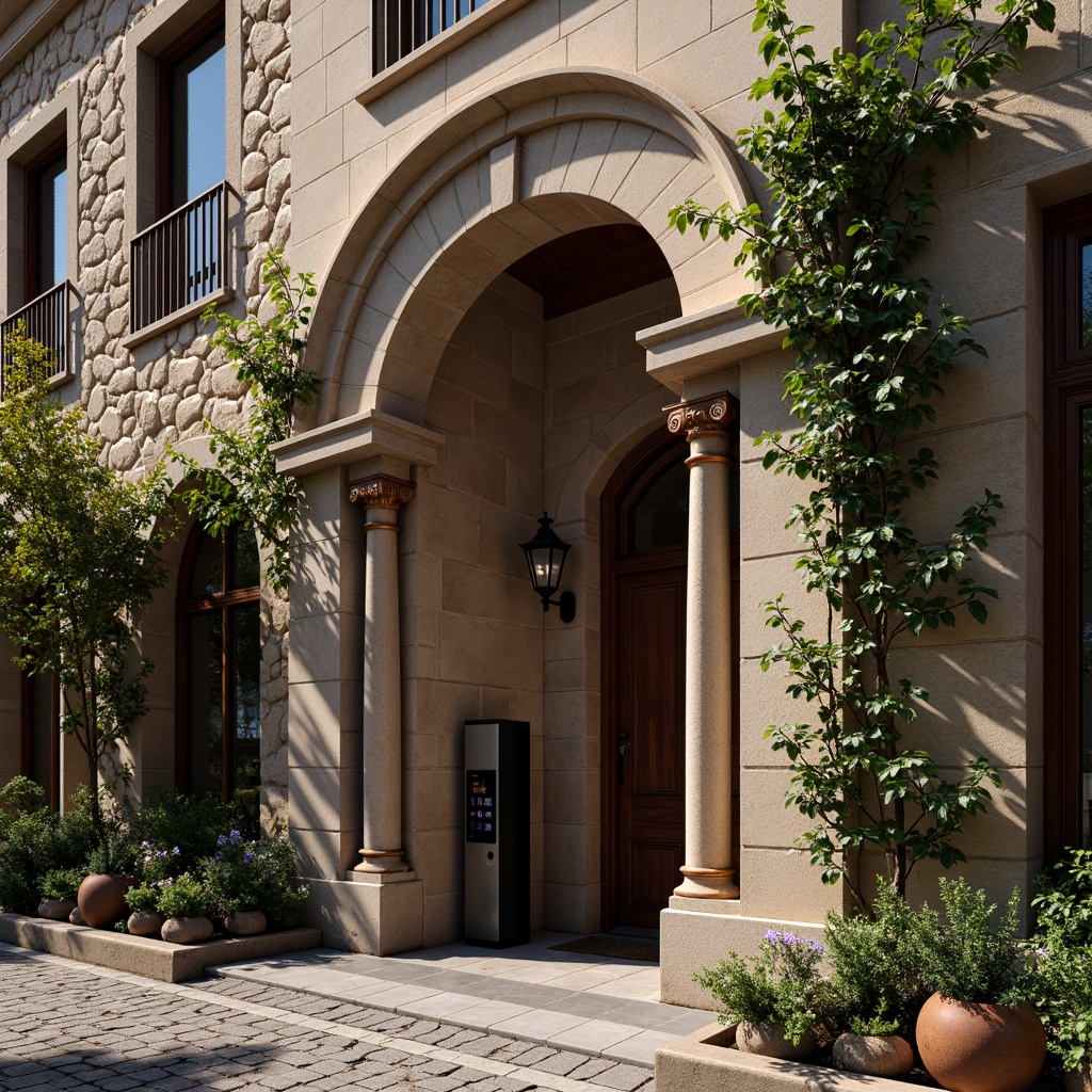 Prompt: Romanesque charging station, rustic stone facade, arched windows, ornate carvings, grand entrance, copper accents, vintage lanterns, ivy-covered walls, cobblestone pavement, medieval-inspired architecture, warm earthy tones, soft natural lighting, shallow depth of field, 1/1 composition, detailed textures, ambient occlusion.