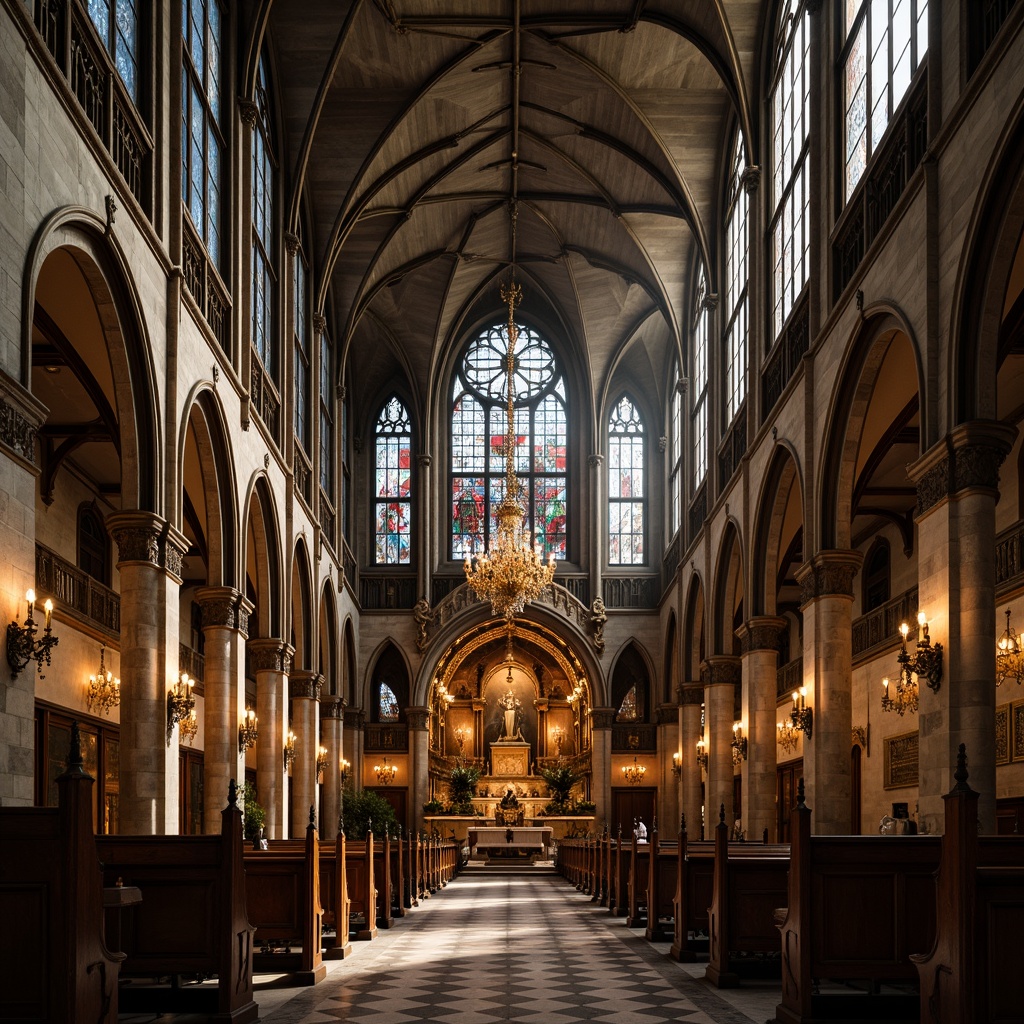 Prompt: Grand Gothic cathedral, vaulted ceilings, ribbed arches, stained glass windows, intricate stone carvings, ornate chapels, majestic altar, richly textured fabrics, dramatic chandeliers, warm golden lighting, atmospheric shadows, high-angle shot, symmetrical composition, ornate frescoes, lavish decorations, mysterious ambiance, sacred atmosphere, ancient architectural heritage.