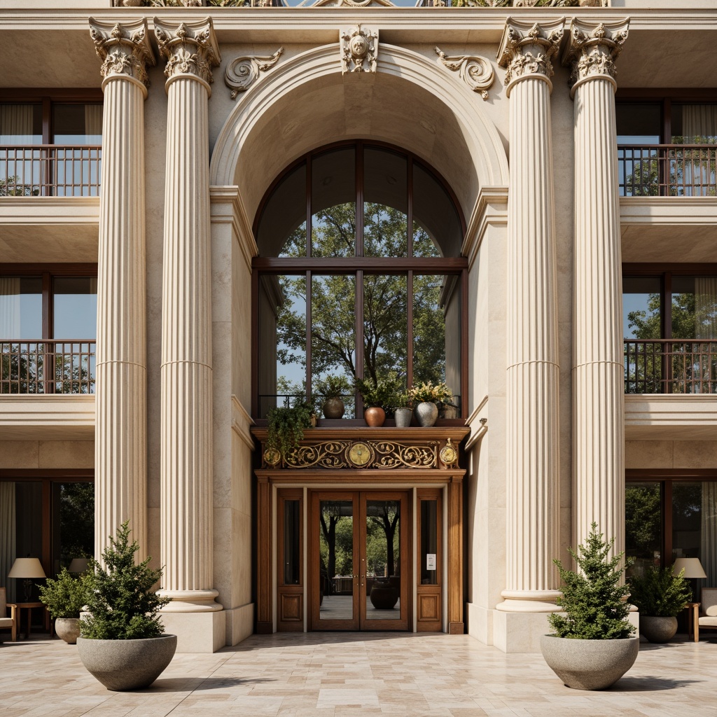 Prompt: Grandiose building facade, ornate columns, carved stone details, symmetrical composition, classical proportions, arched windows, balconies with intricate metalwork, grand entrance with bronze doors, luxurious marble textures, warm beige color palette, soft natural lighting, shallow depth of field, 1/1 composition, panoramic view, realistic textures, ambient occlusion.