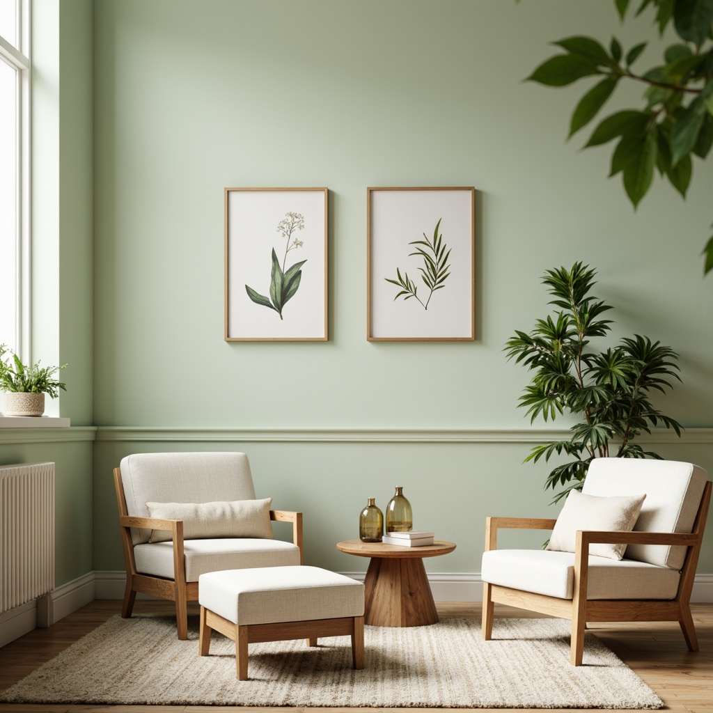 Prompt: Soft pale green walls, creamy white accents, warm beige furniture, natural wood textures, botanical prints, delicate glass vases, minimal metallic decor, lush indoor plants, softbox lighting, shallow depth of field, 1/2 composition, realistic rendering, ambient occlusion, cozy atmosphere, serene ambiance.