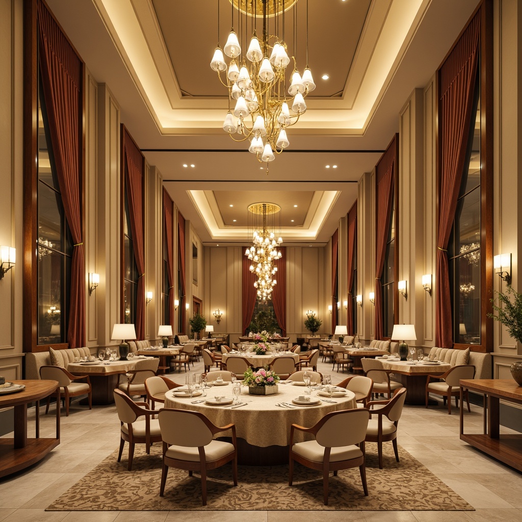 Prompt: Elegant dining hall, luxurious chandeliers, rich wood accents, cream-colored walls, warm beige flooring, plush velvet drapes, sophisticated gold lighting, lavish furniture upholstery, refined marble countertops, subtle patterns, soft warm ambiance, intimate atmosphere, dramatic high ceilings, symmetrical composition, shallow depth of field, realistic textures, ambient occlusion.