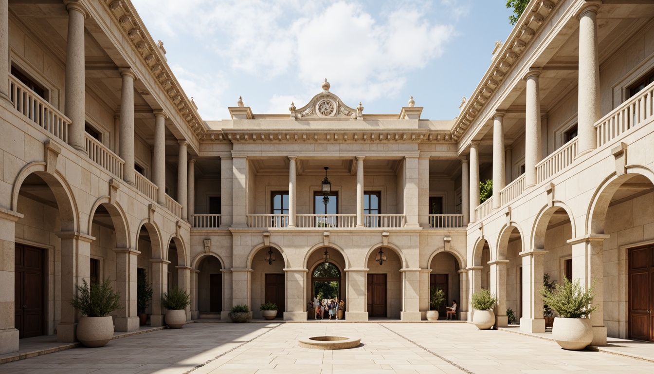 Prompt: Grandiose neoclassical architecture, ornate columns, symmetrical facades, richly textured stone walls, elegant arches, subtle ornamental details, muted earthy tones, warm beige marble, soft cream limestone, pale blue-gray skies, gentle natural light, dramatic shadowplay, 1/1 composition, high-contrast lighting, realistic material textures, ambient occlusion.