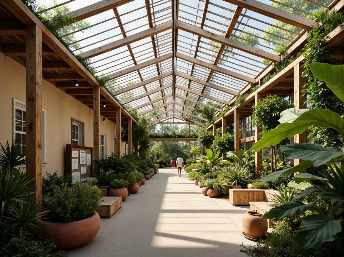 Prompt: Vibrant botanical greenhouse, lush tropical plants, natural wood accents, earthy terracotta pots, soft diffused lighting, warm beige walls, rustic metal beams, reclaimed wooden benches, educational display boards, glass roof panels, misting systems, subtle texture overlays, shallow depth of field, 1/1 composition, panoramic view, realistic plant models, ambient occlusion.