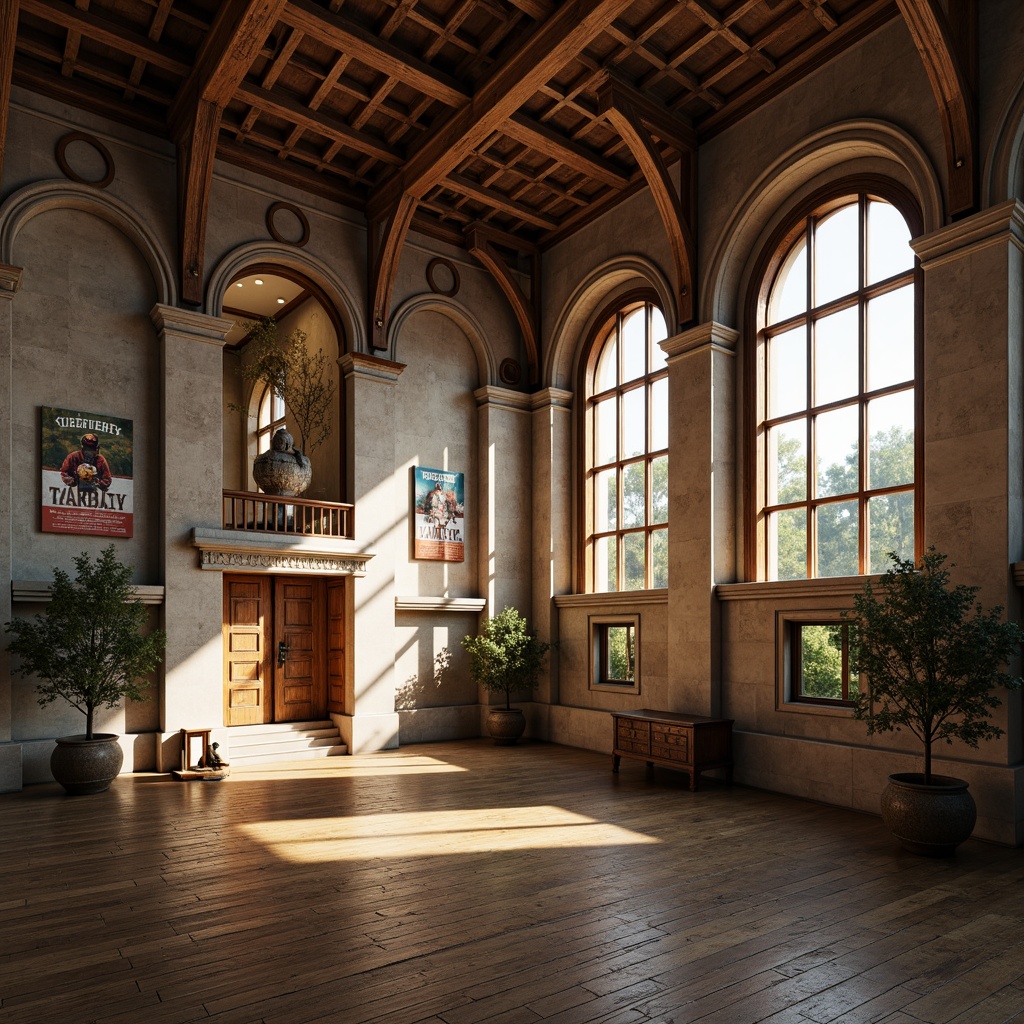 Prompt: Historical gymnasium, Renaissance Revival architecture, grand entrance arches, symmetrical fa\u00e7ade, ornate carvings, rusticated stone walls, vaulted ceilings, large windows, wooden floors, athletic equipment, vintage sports posters, nostalgic ambiance, warm afternoon light, soft shadows, 1/1 composition, realistic textures, subtle atmospheric effects.