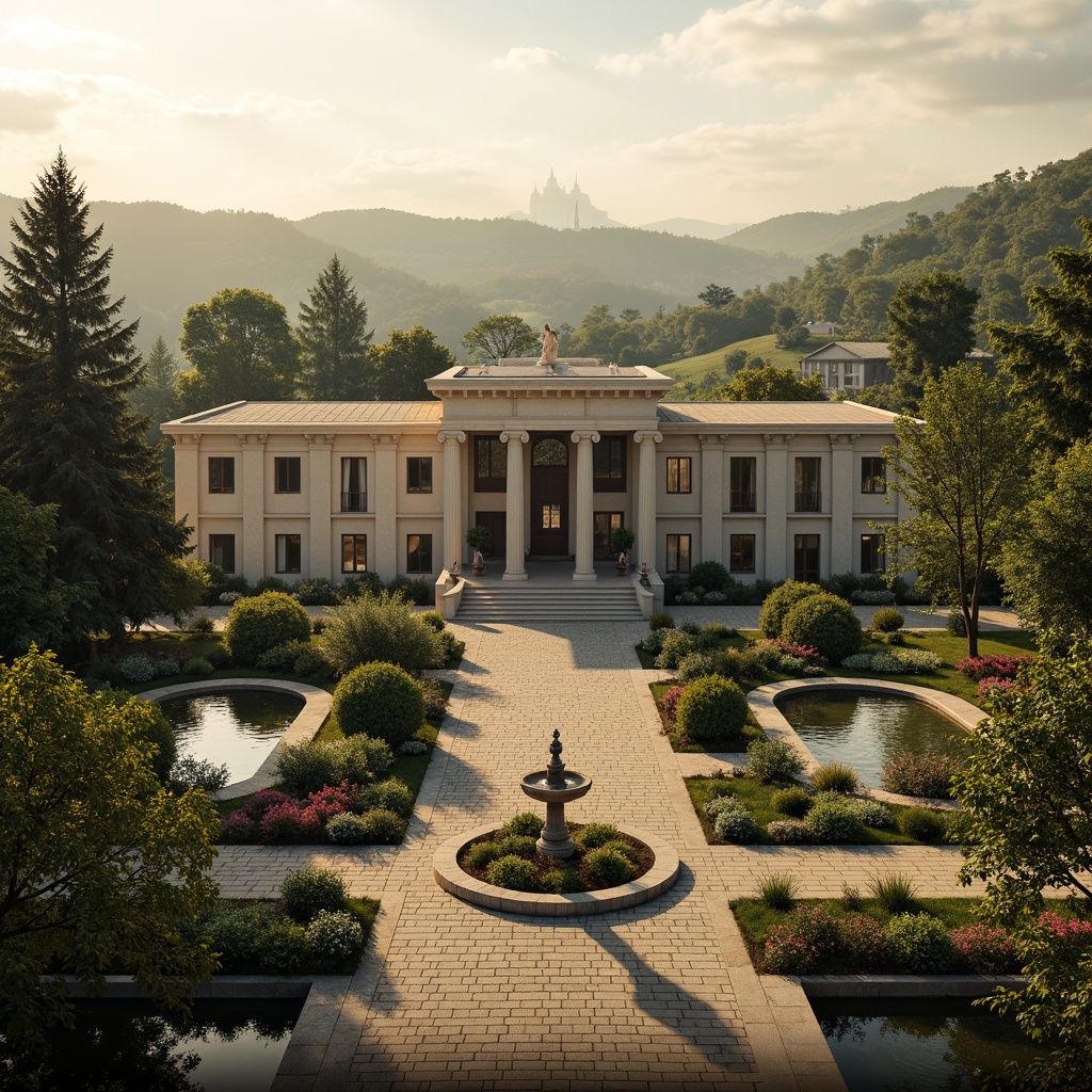 Prompt: Grandiose neoclassical palace, symmetrical facade, ionic columns, ornate stone carvings, lavish gardens, tranquil ponds, walking paths, ornamental fountains, blooming flowers, majestic trees, rolling hills, serene countryside, warm golden lighting, soft focus, shallow depth of field, 1/2 composition, natural textures, atmospheric perspective.