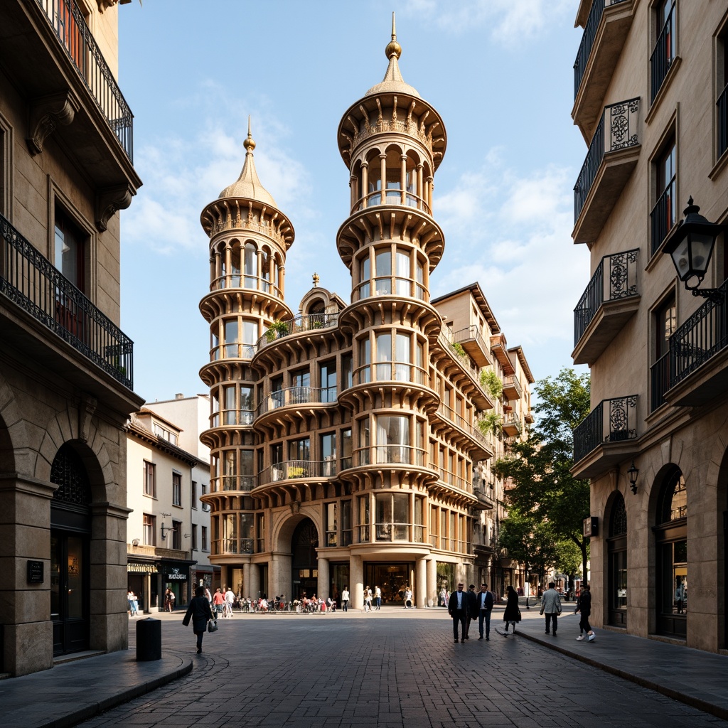 Prompt: Ornate Renaissance-style towers, intricately carved stone facades, grandiose archways, ornamental balconies, rusticated quoins, classical columns, curved lines, golden accents, luxurious marble textures, stained glass windows, majestic entrance gates, cobblestone streets, historic cityscape, sunny afternoon, warm soft lighting, atmospheric perspective, 1/2 composition, dramatic shadows, realistic architectural details.