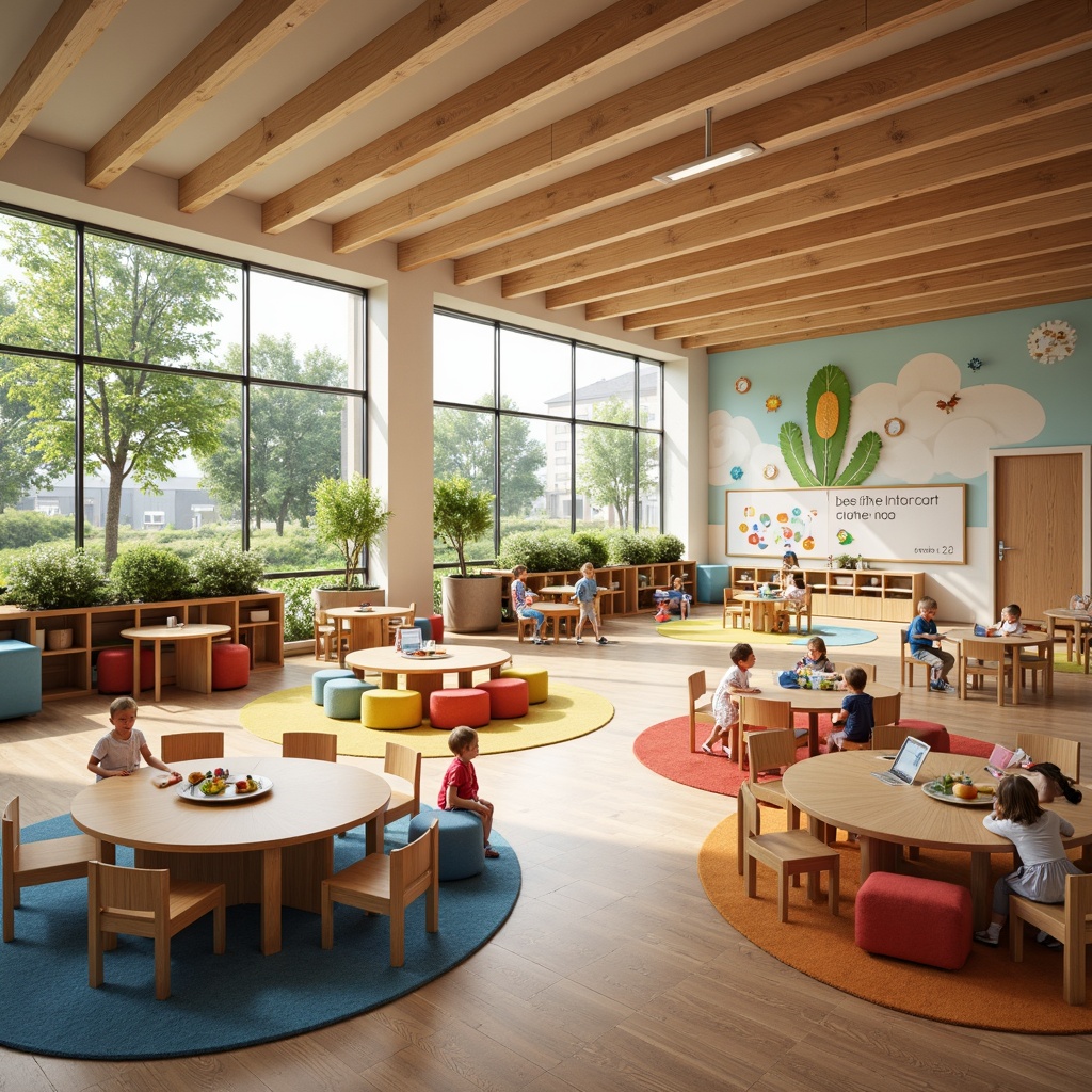 Prompt: Vibrant kindergarten, playful interior, soft natural light, wooden accents, colorful rugs, circular tables, kid-friendly chairs, interactive play areas, sensory stimulation zones, educational display boards, child-sized furniture, collaborative learning spaces, open floor plan, flexible modular design, whimsical murals, textured wall finishes, acoustic panels, warm atmosphere, shallow depth of field, 1/1 composition, realistic textures, ambient occlusion.