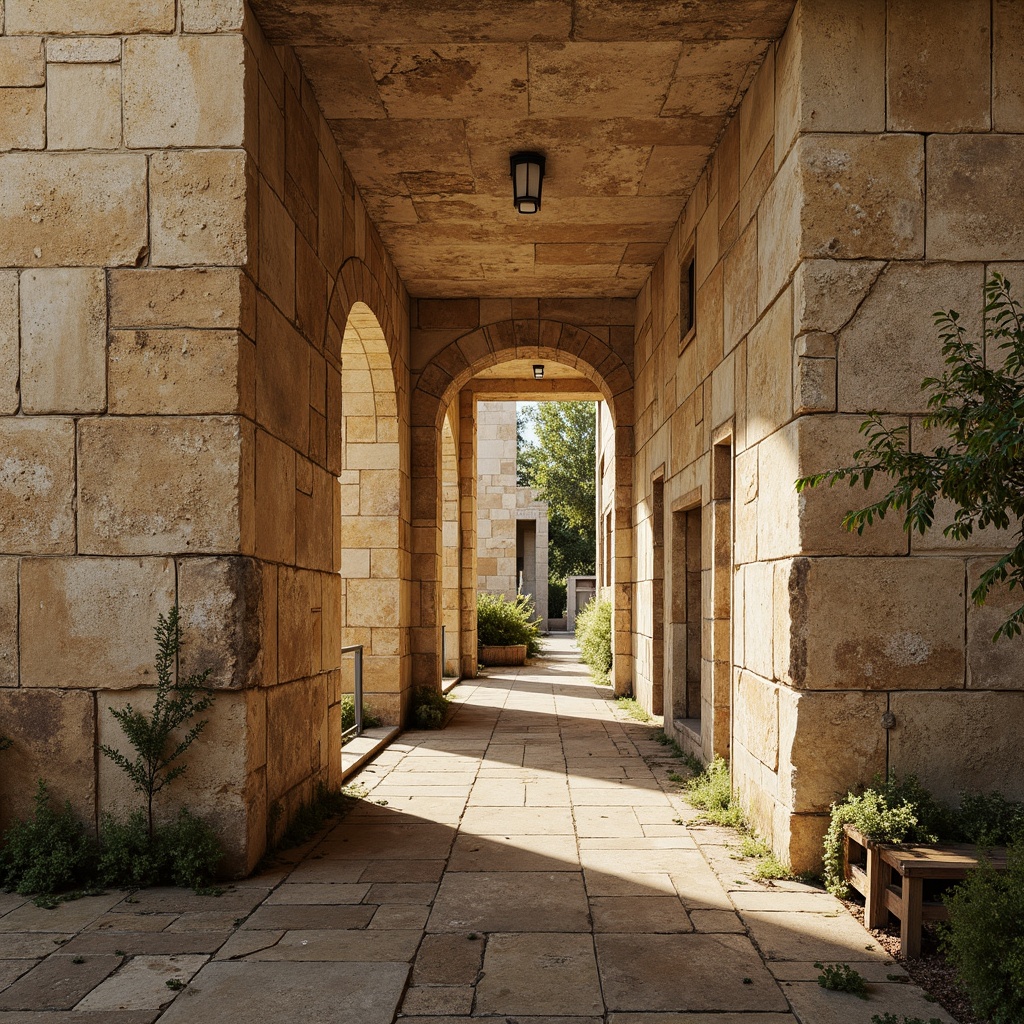 Prompt: Weathered limestone walls, rugged stone surfaces, aged patina, moss-covered cracks, natural earth tones, warm beige colors, rough-hewn textures, organic patterns, distressed finishes, worn edges, ancient architecture, rustic charm, soft golden lighting, high contrast shading, dramatic shadows, cinematic composition, realistic material properties.