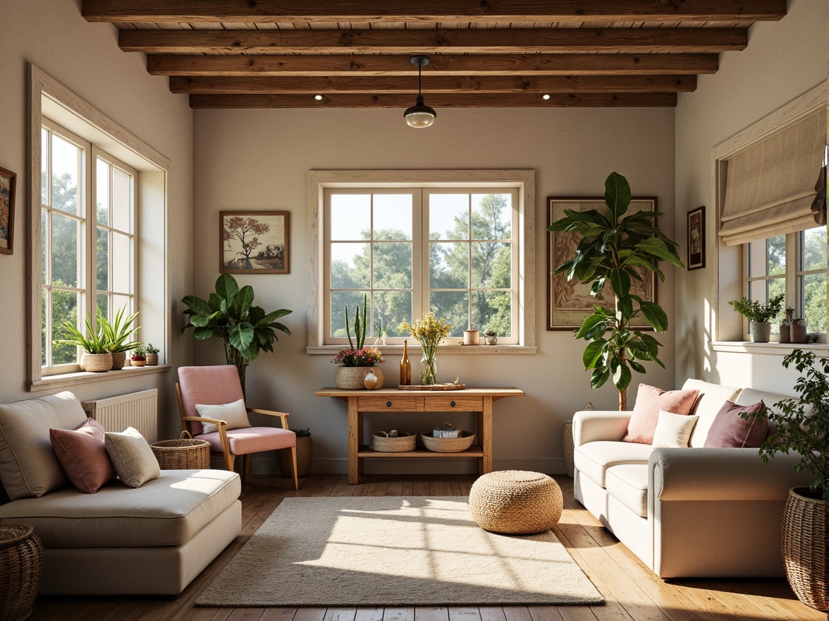 Prompt: Rustic farmhouse, vintage decor, distressed wood accents, earthy tones, warm beige walls, soft sage greenery, blush pink hues, creamy whites, weathered metal fixtures, reclaimed wooden beams, natural linen fabrics, woven baskets, potted plants, soft golden lighting, shallow depth of field, 1/1 composition, cozy atmosphere, organic textures, subtle grain effects.