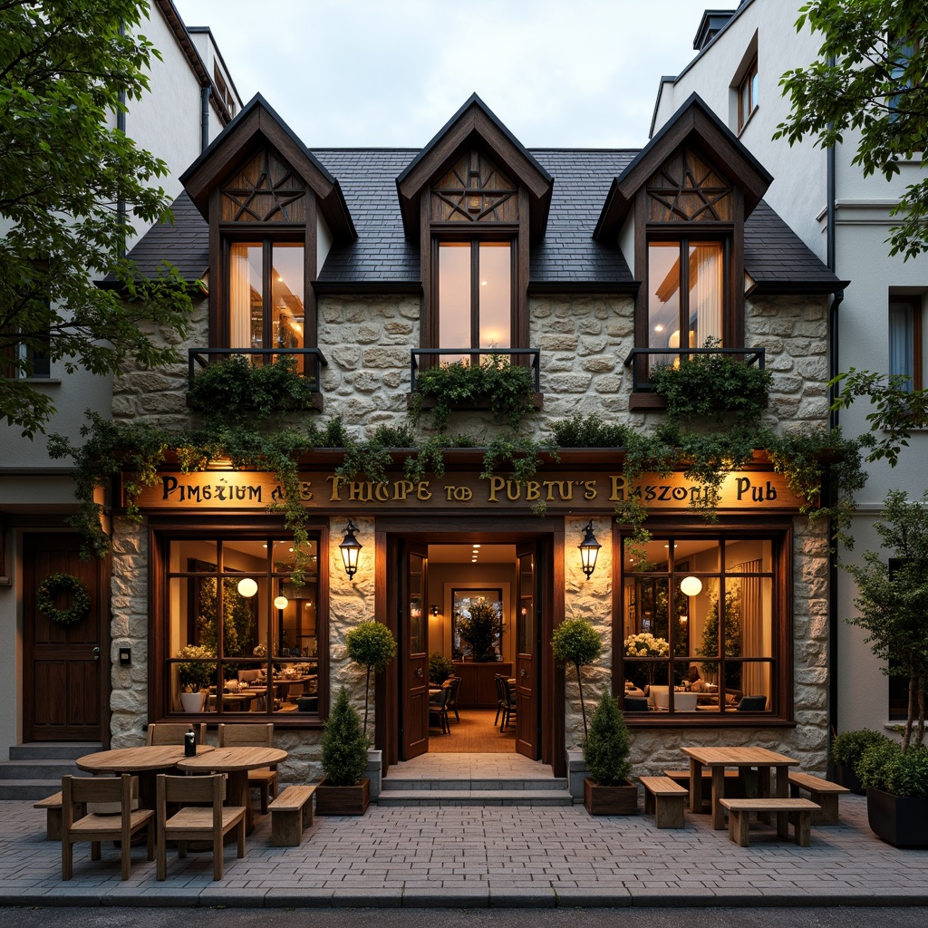 Prompt: Rustic pub facade, earthy tones, natural stone walls, wooden accents, steeply pitched roofs, dormer windows, cozy atmosphere, warm lighting, traditional signage, lantern-style lamps, lush greenery, climbing vines, regional patterns, ornate decorations, distressed wood textures, warm beige colors, soft warm lighting, shallow depth of field, 1/1 composition, realistic textures, ambient occlusion.Please let me know if this meets your requirements!