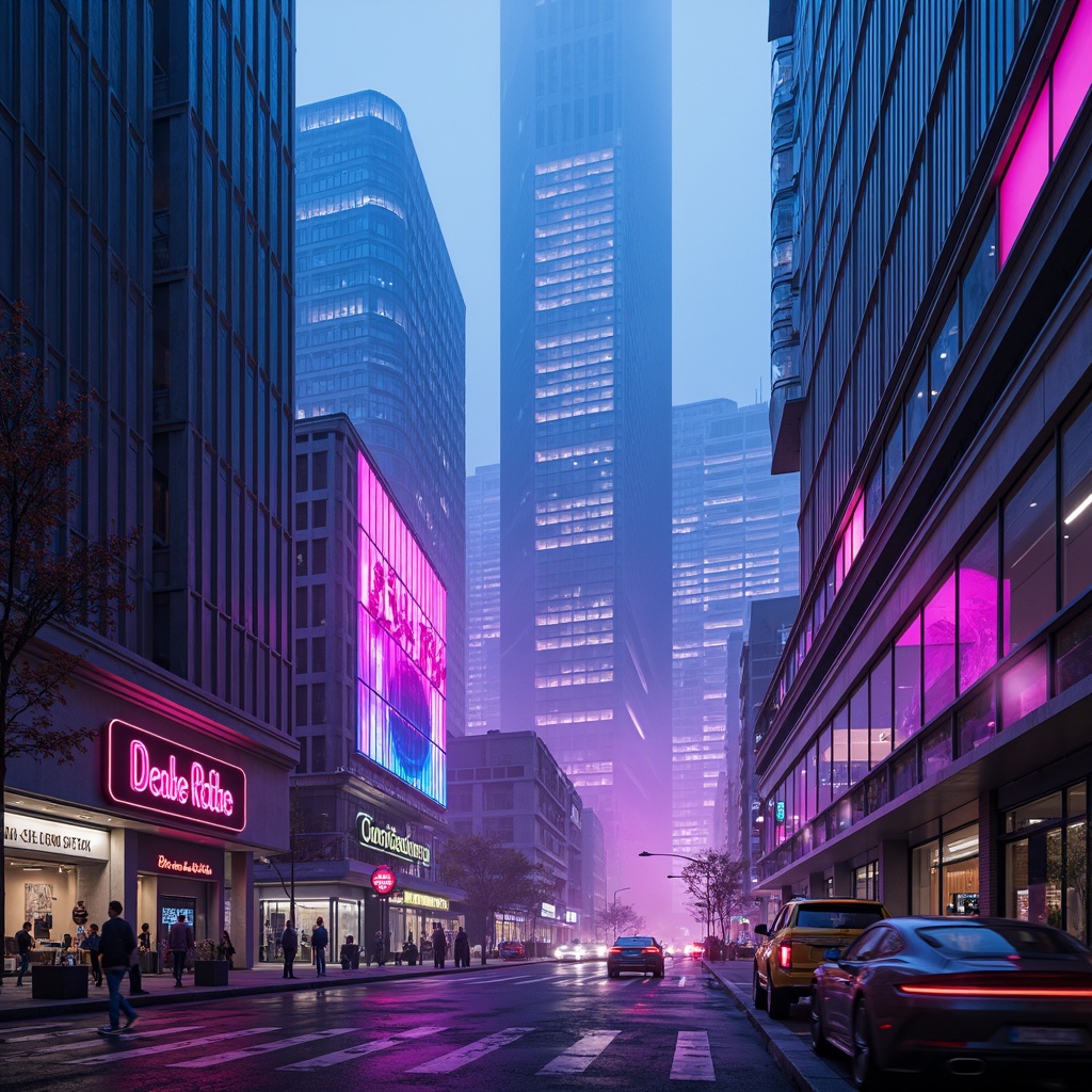 Prompt: Neon-lit cityscape, sleek futuristic skyscrapers, metallic surfaces, glowing blue accents, vibrant pink hues, electric purple shades, iridescent whites, dark greys, atmospheric mist, cyberpunk-inspired neon lights, holographic displays, 3D projections, virtual reality interfaces, futuristic transportation systems, levitating cars, hyper-speed trains, advanced robotics, artificial intelligence, minimalist interior design, avant-garde fashion, retro-futuristic elements, bold typography, geometric patterns, abstract shapes, high-tech gadgetry, soft glowing ambiance, cinematic lighting, shallow depth of field, 2.35