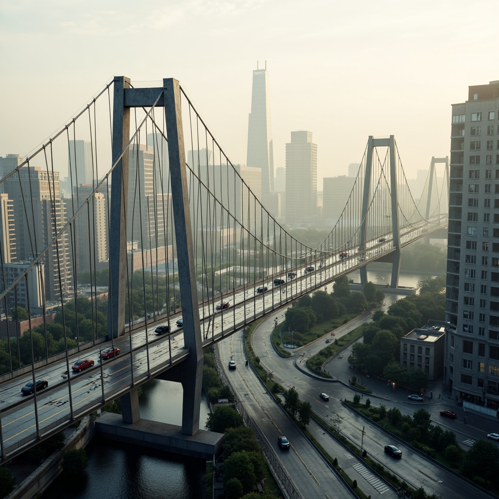 Prompt: Sleek vehicular bridges, international style architecture, steel beams, cable-stayed suspension, modern urban landscape, bustling cityscape, misty morning, soft warm lighting, shallow depth of field, 3/4 composition, panoramic view, realistic textures, ambient occlusion, metallic materials, silver coatings, geometric shapes, minimalist design, functional simplicity, efficient traffic flow, high-speed roads, busy intersections, urban infrastructure, contemporary engineering marvels.