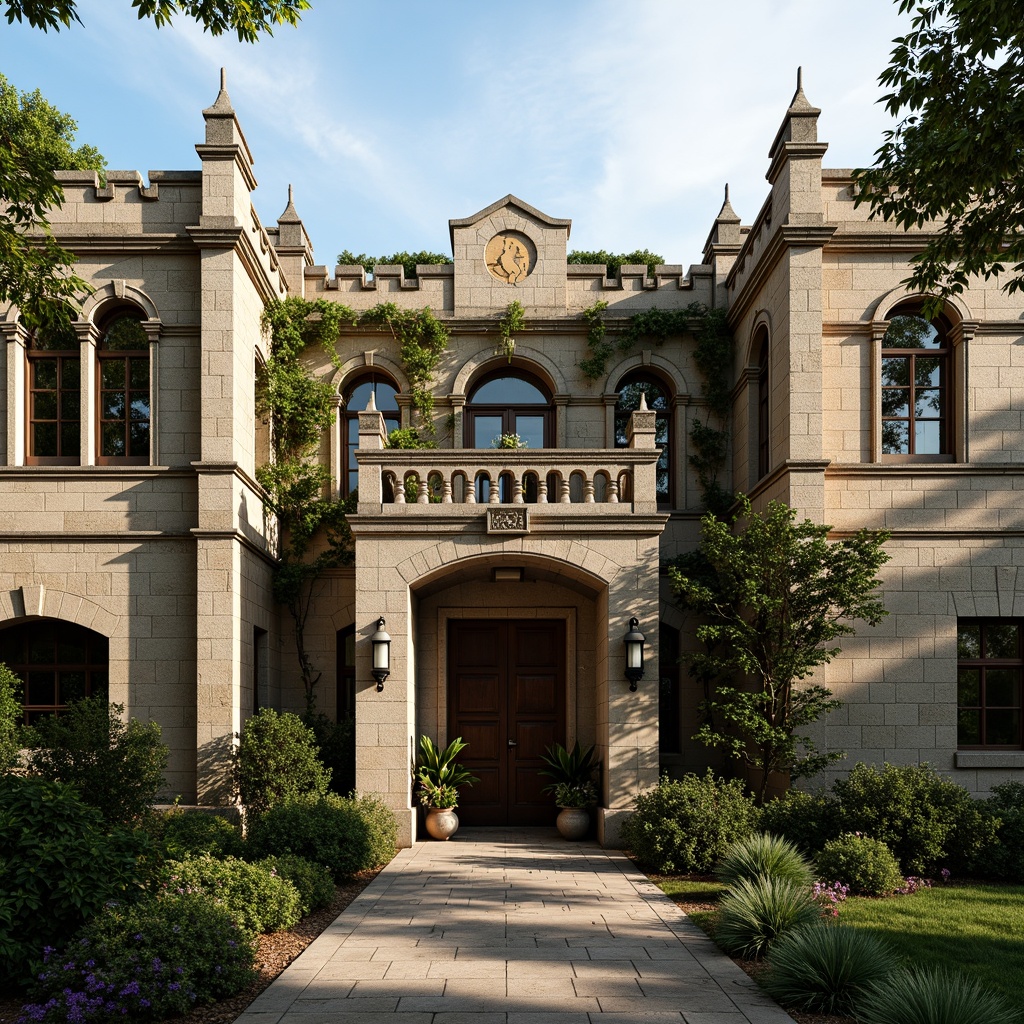 Prompt: Historical stone building, sturdy buttresses, arched windows, ornate carvings, grand entrance, majestic architecture, ancient heritage, weathered walls, moss-covered stones, ivy-clad facades, tranquil atmosphere, soft natural lighting, warm earth tones, 1/1 composition, close-up shot, detailed textures, realistic shading.