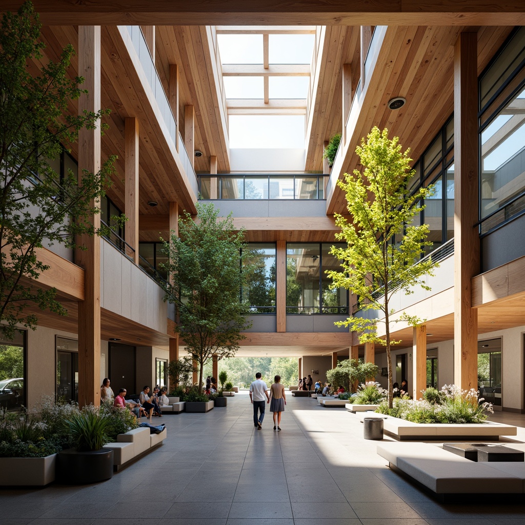 Prompt: Vibrant community center, open atrium, natural light pouring in, wooden beams, exposed ductwork, modern minimalist design, sleek metal accents, earthy tones, comfortable seating areas, lush greenery, living walls, communal gathering spaces, flexible event layouts, warm inviting ambiance, soft diffused lighting, 1/1 composition, shallow depth of field, realistic textures.