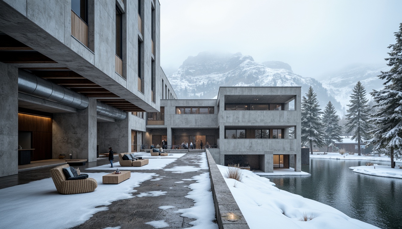 Prompt: Rugged ski center, brutalist architecture, raw concrete walls, exposed ductwork, industrial steel beams, reinforced columns, cantilevered roofs, angular lines, minimalist design, functional simplicity, snow-capped mountains, frozen lakes, pine trees, misty atmosphere, dramatic lighting, low-angle shots, 1/2 composition, realistic textures, ambient occlusion.