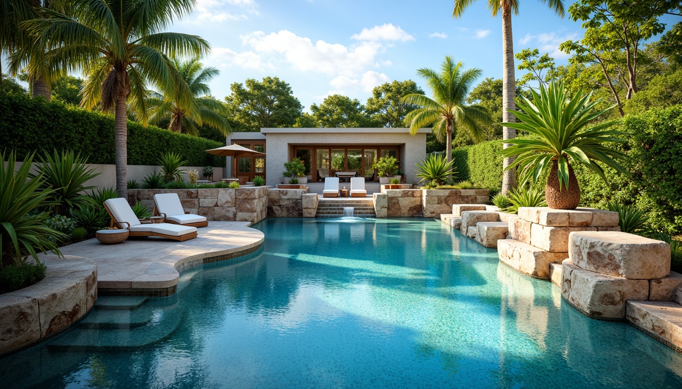 Prompt: Luxurious backyard oasis, crystal-clear swimming pool, turquoise water, natural stone surroundings, waterfall features, infinity edge design, modern curvaceous lines, sleek glass tile accents, lush greenery, tropical plants, sunny day, warm soft lighting, shallow depth of field, 1/1 composition, realistic reflections, ambient occlusion.