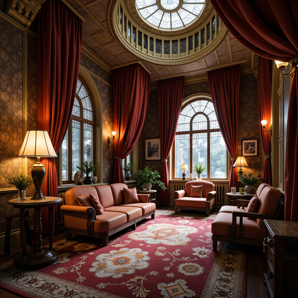 Prompt: Ornate Art Nouveau interior, flowing curves, organic forms, luxurious furnishings, velvet drapes, intricately patterned rugs, ornamental metalwork, soft warm lighting, table lamps, floor lamps, pendant lights, sconces, stained glass windows, subtle color palette, ambient glow, 3/4 composition, shallow depth of field, realistic textures, ambient occlusion.