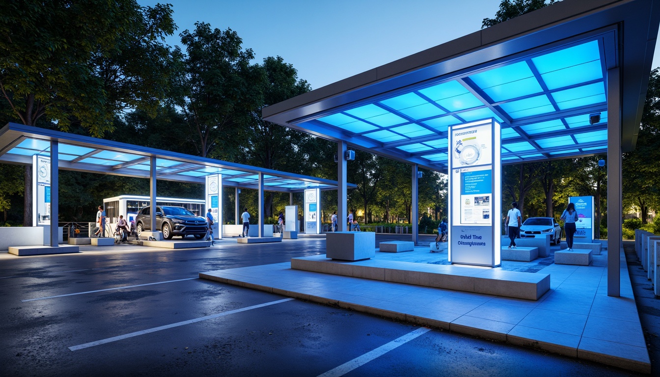 Prompt: Modern charging station, sleek metal canopies, vibrant electric blue accents, futuristic LED lighting, minimalist waiting areas, comfortable lounge seating, interactive digital displays, informative signage, convenient payment kiosks, ample parking spaces, wheelchair-accessible ramps, eco-friendly solar panels, energy-efficient systems, natural ventilation, spacious open layouts, 3/4 composition, shallow depth of field, realistic textures, ambient occlusion.