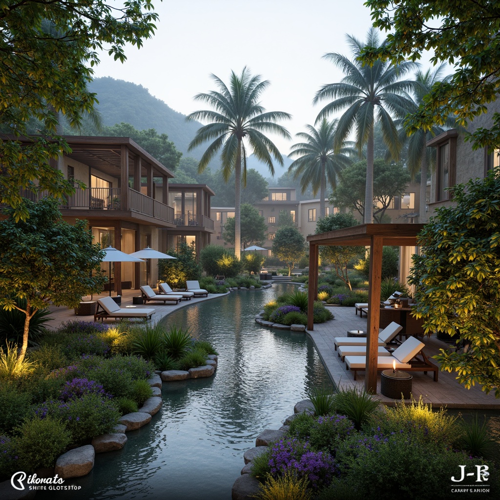 Prompt: Luxurious hotel grounds, lush tropical gardens, vibrant flowering plants, meandering walkways, tranquil water features, elegant stone fountains, modern outdoor furniture, comfortable lounge seating, shaded pergolas, warm ambient lighting, soft background music, 1/2 composition, intimate atmosphere, realistic textures, atmospheric fog.