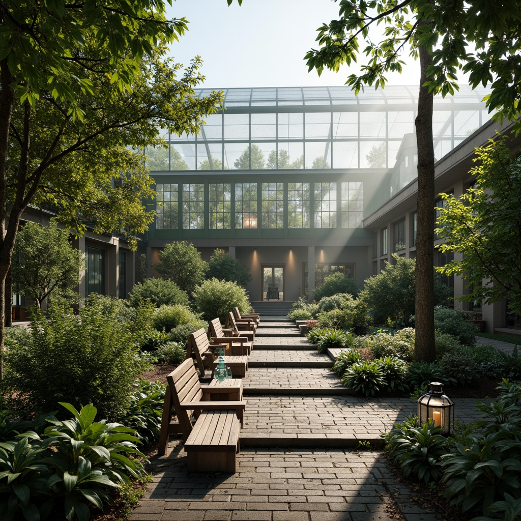 Prompt: Vibrant greenhouse, lush botanical garden, ornate stone pathways, weathered wooden benches, elegant lanterns, verdant foliage, misty atmosphere, soft natural lighting, subtle shadows, 3/4 composition, intimate close-ups, realistic textures, ambient occlusion, modern academic architecture, sleek glass facades, minimalist steel frames, green roofs, living walls, eco-friendly materials, sustainable water features, serene ambiance, warm afternoon light, shallow depth of field.