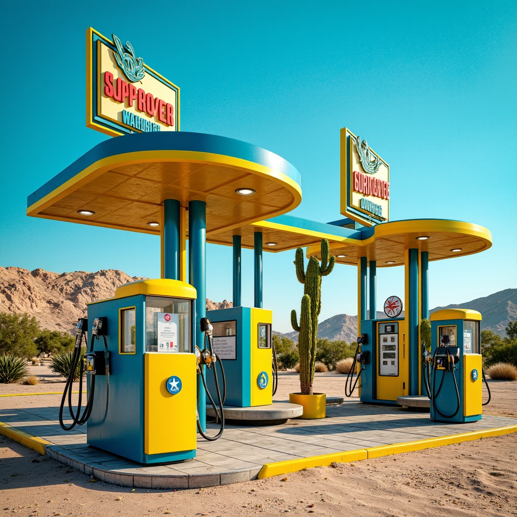 Prompt: Vibrant gas pumps, retro-futuristic architecture, neon signage, bold color schemes, bright yellow accents, deep blue canopies, sleek metal structures, industrial pipes, concrete foundations, desert landscape, sandy dunes, cactus plants, hot sunny day, clear blue sky, vast open space, modern LED lighting, dynamic shading, high-contrast textures, cinematic composition, 2.5D perspective, dramatic depth of field.