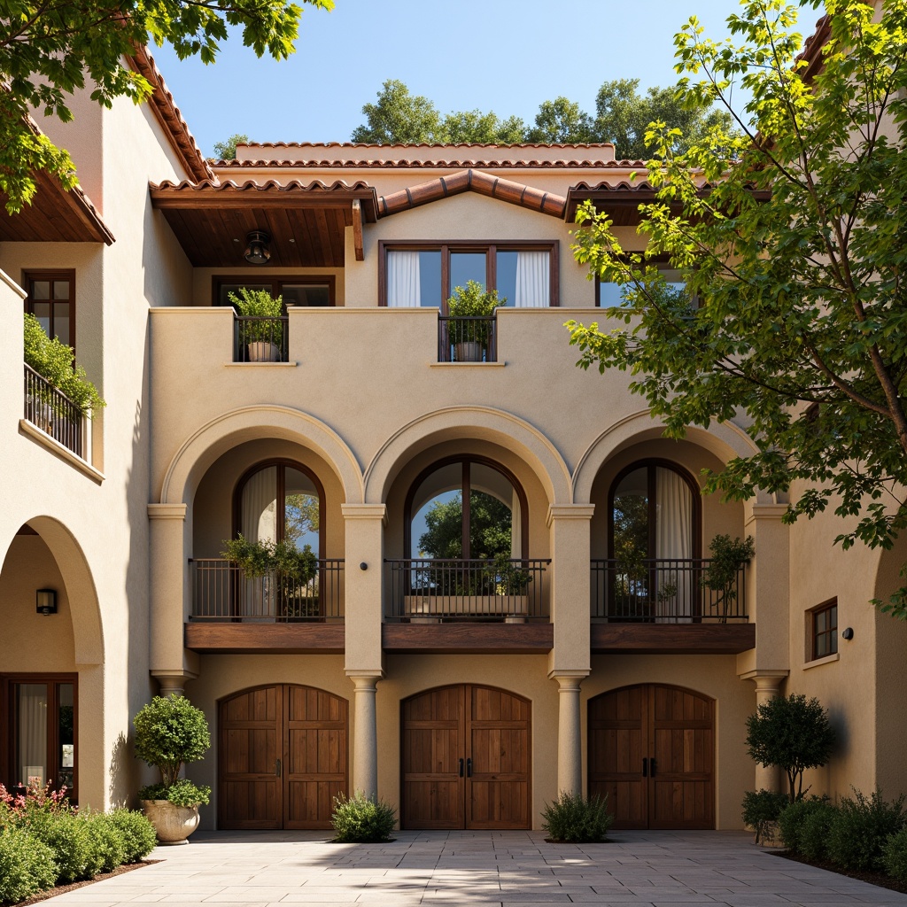 Prompt: Earth-toned stone facades, warm beige arches, rusty red terra cotta rooftops, soft golden stucco walls, muted moss-green accents, weathered bronze details, creamy white marble columns, rich brown wooden doors, ornate ironwork balconies, sunny afternoon lighting, dramatic shadows, 1/2 composition, symmetrical framing, realistic stone textures, ambient atmospheric effects.