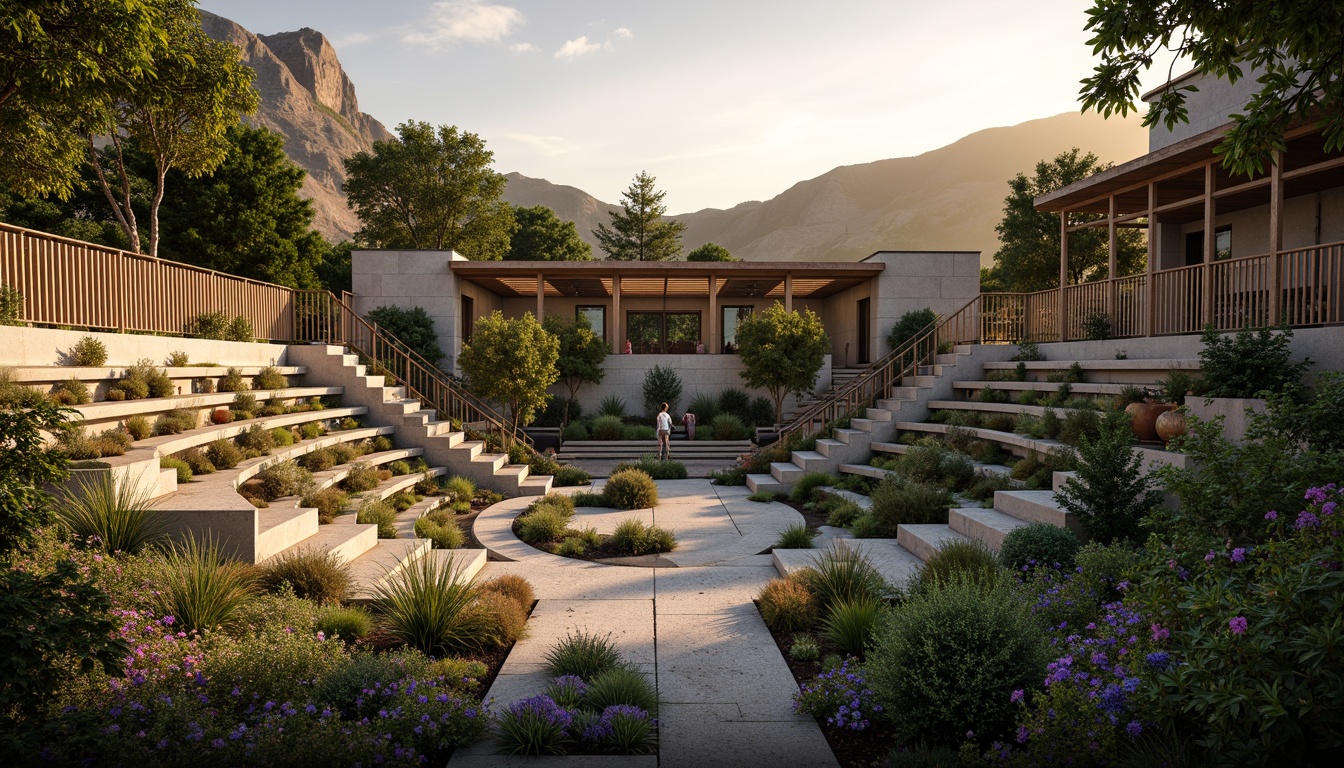 Prompt: Amphitheater landscape, eclectic architecture, natural stone seating, lush greenery, vibrant flowers, curved lines, irregular shapes, mixed material textures, wooden accents, metallic frames, grand staircase, dramatic lighting, warm sunset glow, shallow depth of field, 3/4 composition, panoramic view, realistic renderings, ambient occlusion, rustic pathway, meandering streams, water features, organic forms, whimsical details.