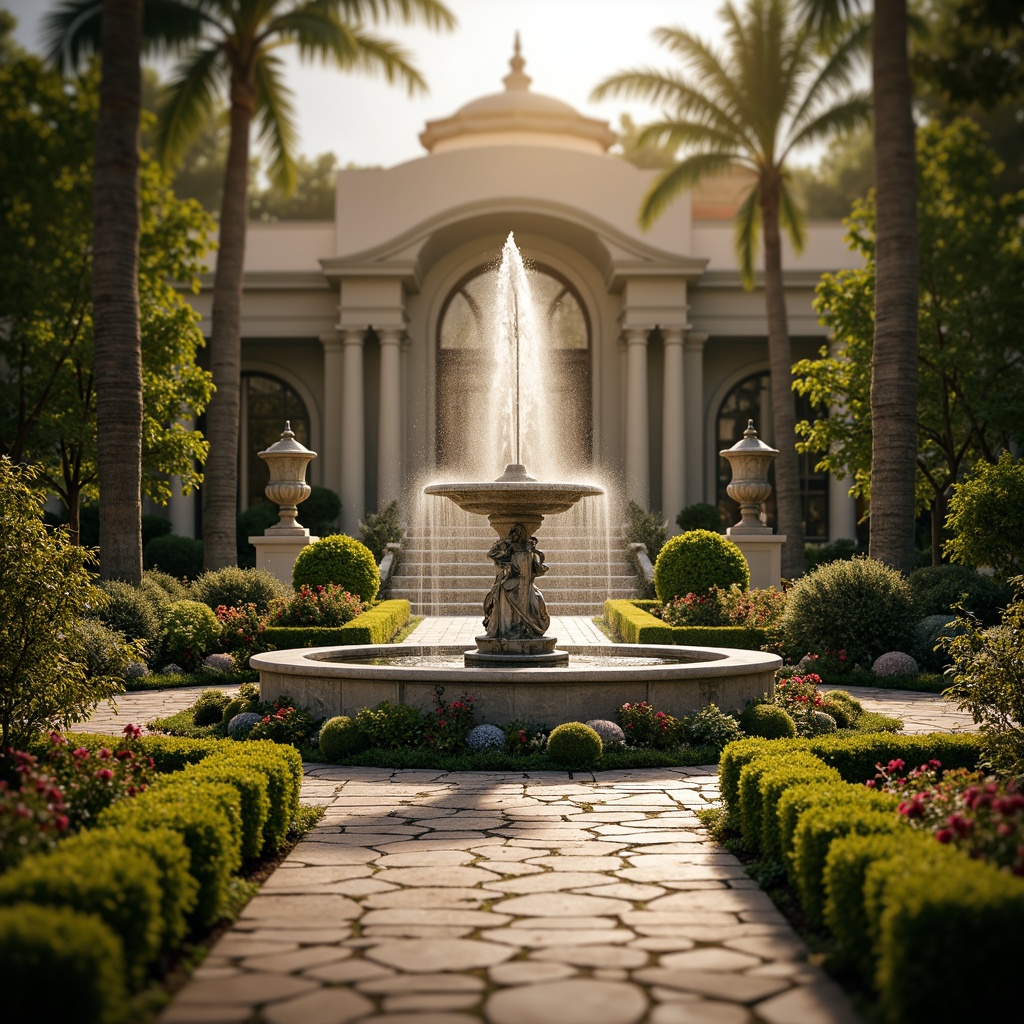 Prompt: Opulent fountain showpieces, ornate statues, lush greenery, vibrant flower arrangements, manicured hedges, meandering walkways, rustic stone pathways, grand staircase entrances, symmetrical garden designs, classical urns, ornamental vases, lavish water features, dramatic lighting effects, warm golden illumination, shallow depth of field, 1/1 composition, panoramic view, realistic textures, ambient occlusion.