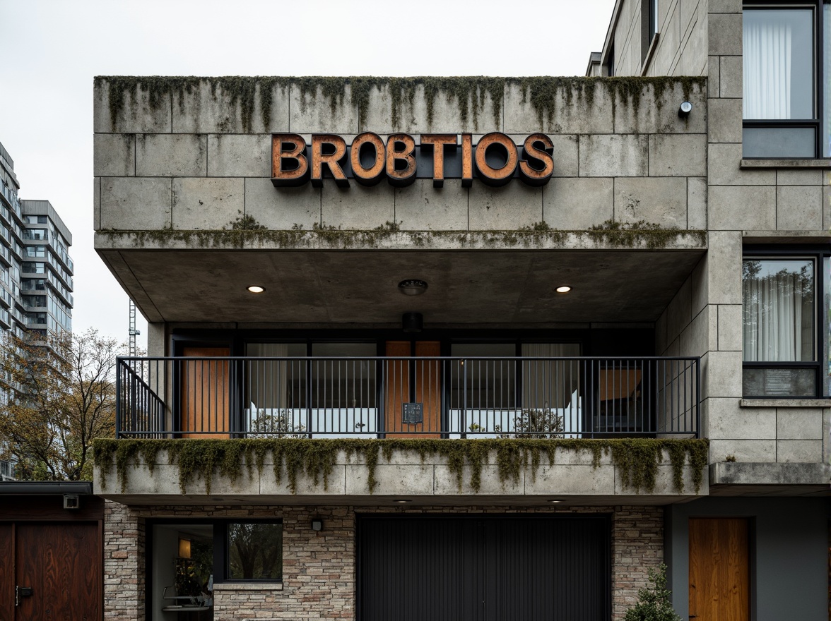 Prompt: Rugged brutalist building, exposed concrete walls, industrial metal beams, raw stone textures, distressed wood accents, bold color blocking, stark monochromatic scheme, deep earthy tones, moss-covered surfaces, urban cityscape backdrop, overcast sky, dramatic shadows, high-contrast lighting, abstract geometric patterns, weathered steel railings, chunky brutalist typography.