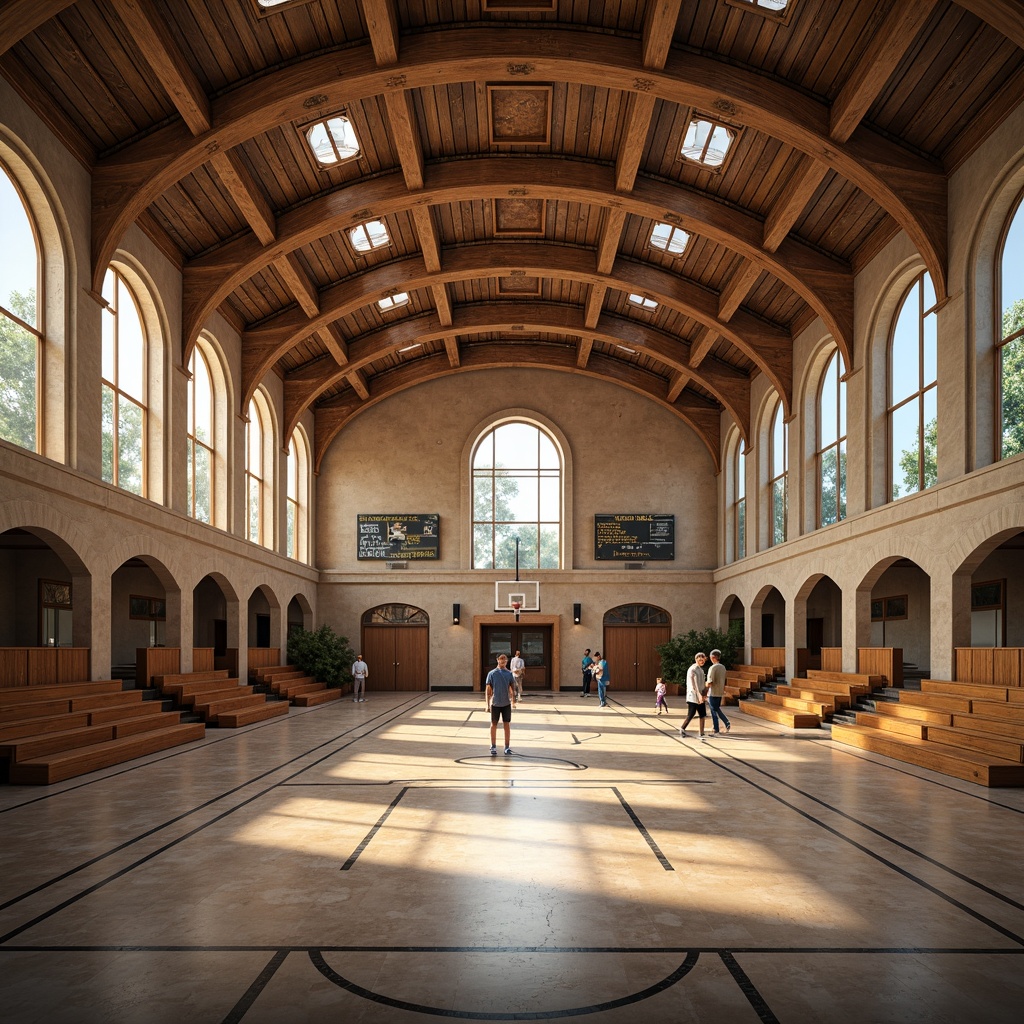 Prompt: Renaissance-style gymnasium, grand arches, ornate carvings, classical columns, marble floors, high ceilings, large windows, natural light, athletic equipment, wooden bleachers, vintage scoreboards, motivational quotes, historical murals, warm earthy tones, soft diffused lighting, shallow depth of field, 1/1 composition, symmetrical framing, realistic textures, ambient occlusion.